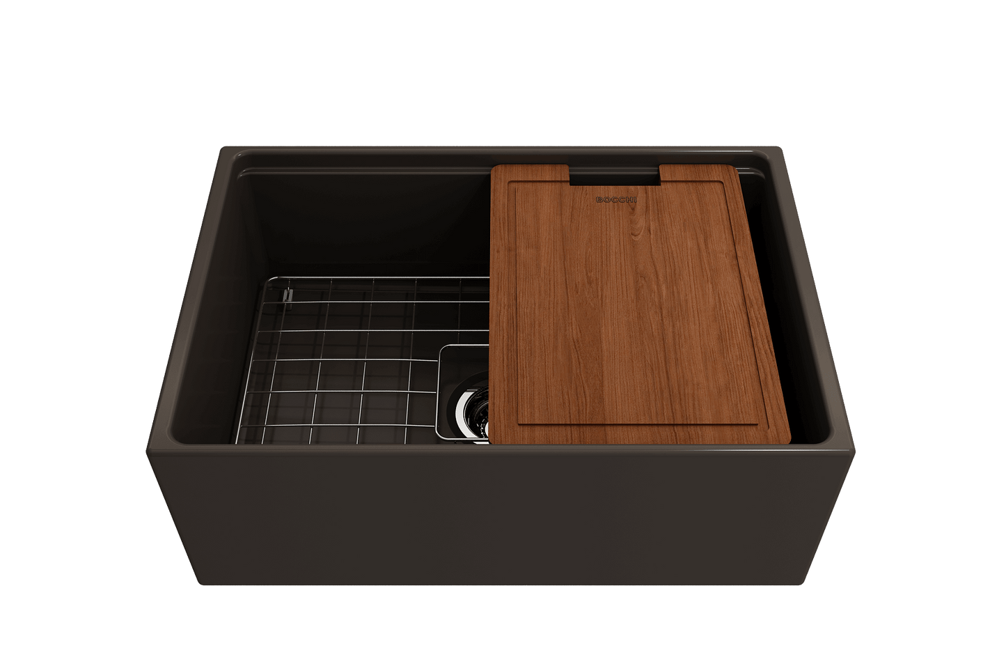 BOCCHI CONTEMPO 27" Fireclay Farmhouse Workstation Kitchen Sink with Accessories and wood cover.