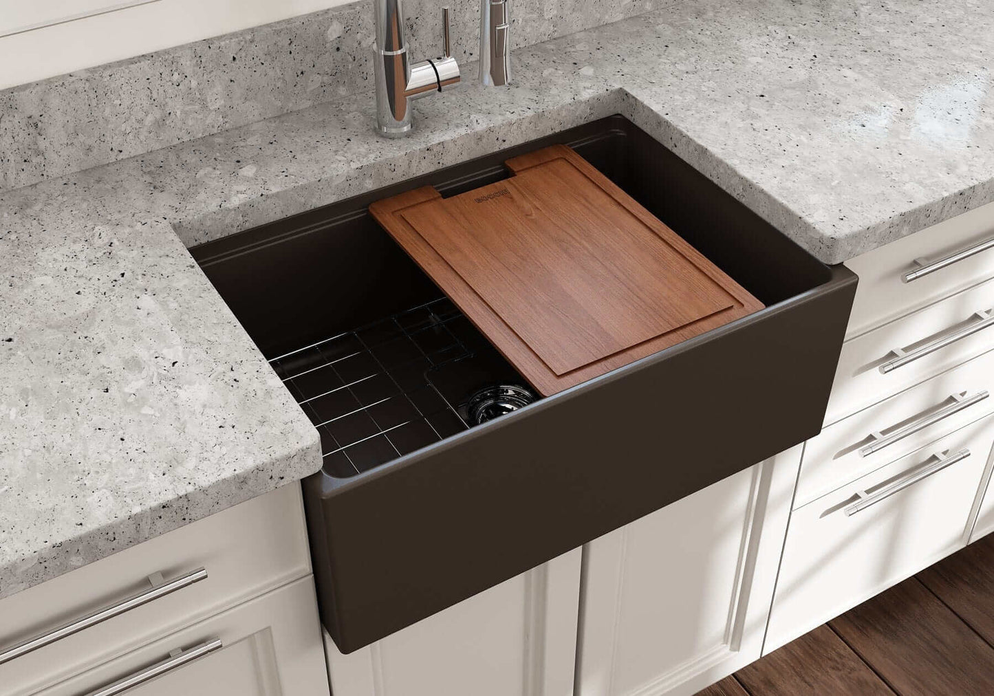 BOCCHI CONTEMPO 27" Fireclay Farmhouse Workstation Kitchen Sink with Accessories in modern kitchen setting.
