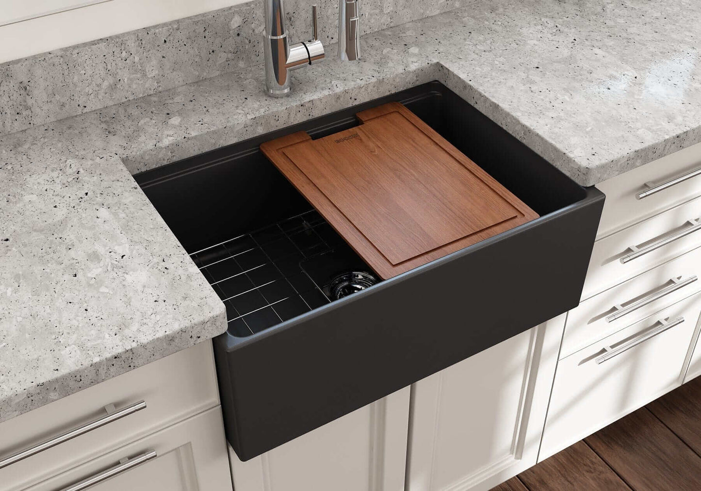 BOCCHI CONTEMPO 27" Fireclay Farmhouse Workstation Kitchen Sink with Accessories in modern kitchen setting.