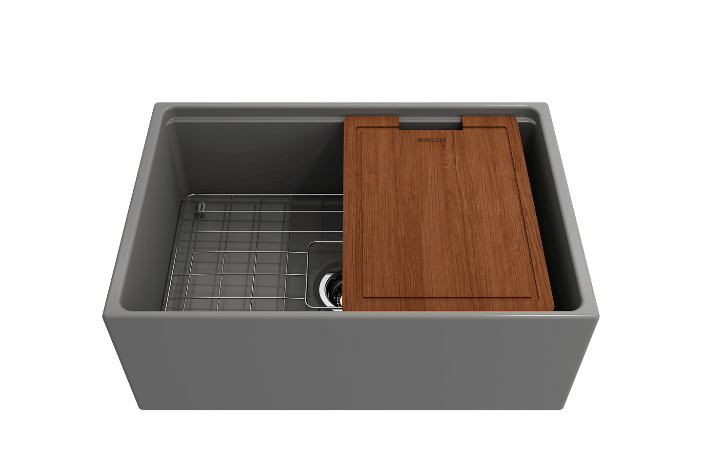 BOCCHI CONTEMPO 27" Fireclay Farmhouse Workstation Kitchen Sink with Accessories, featuring a sleek design and wooden cutting board.