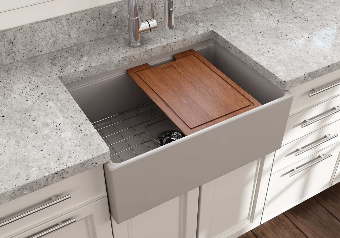 BOCCHI CONTEMPO 27" Fireclay Farmhouse Workstation Kitchen Sink with Accessories and wood cutting board