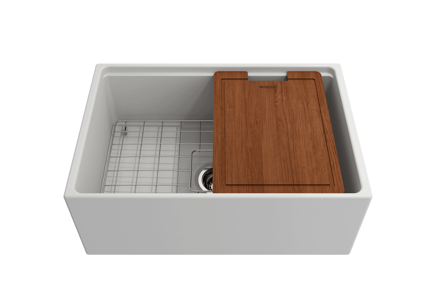 BOCCHI CONTEMPO 27" Fireclay Farmhouse Workstation Kitchen Sink with Accessories, showcasing integrated wooden cutting board.