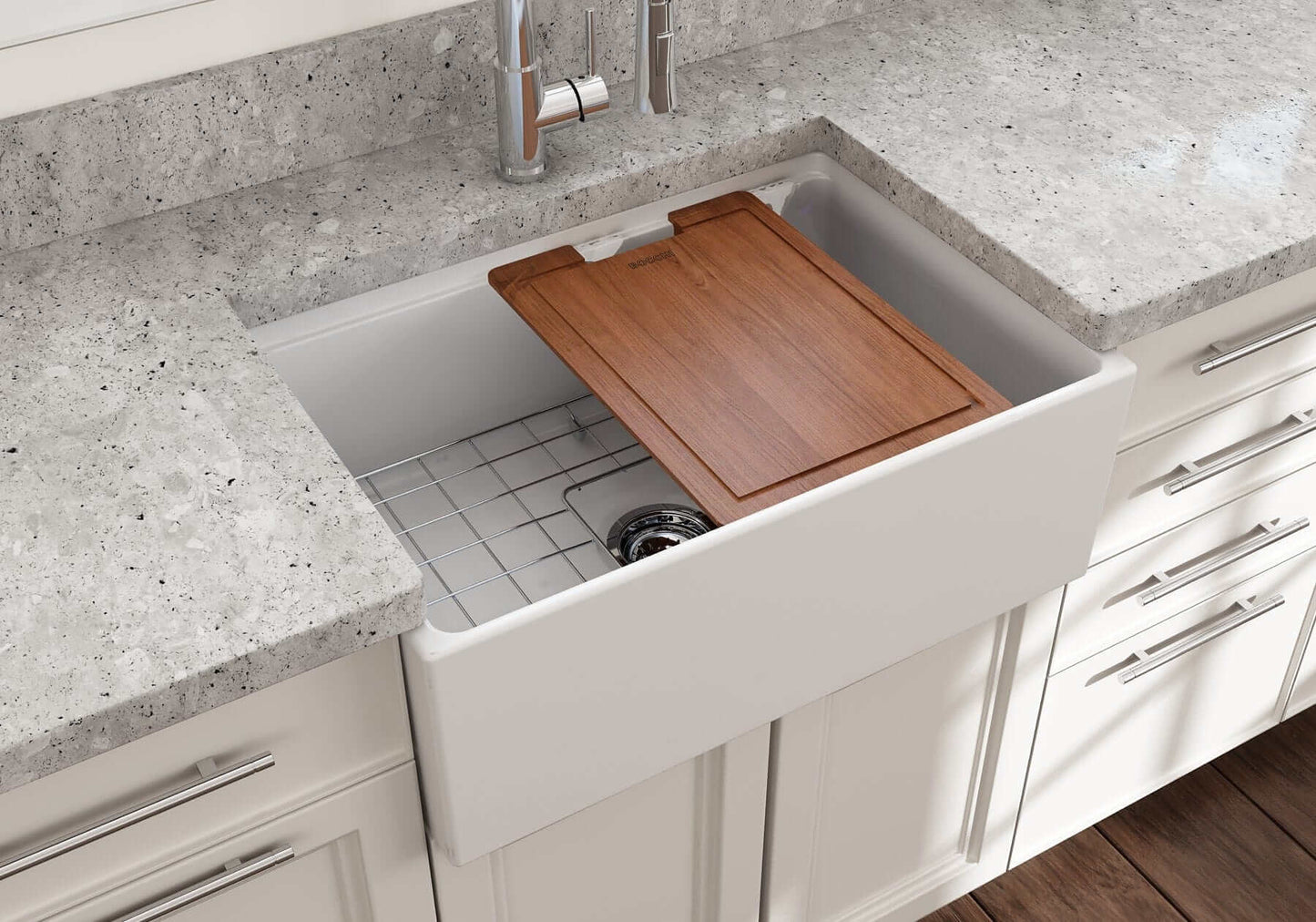 BOCCHI CONTEMPO 27" Fireclay Farmhouse Workstation Kitchen Sink with Accessories in a modern kitchen setting.