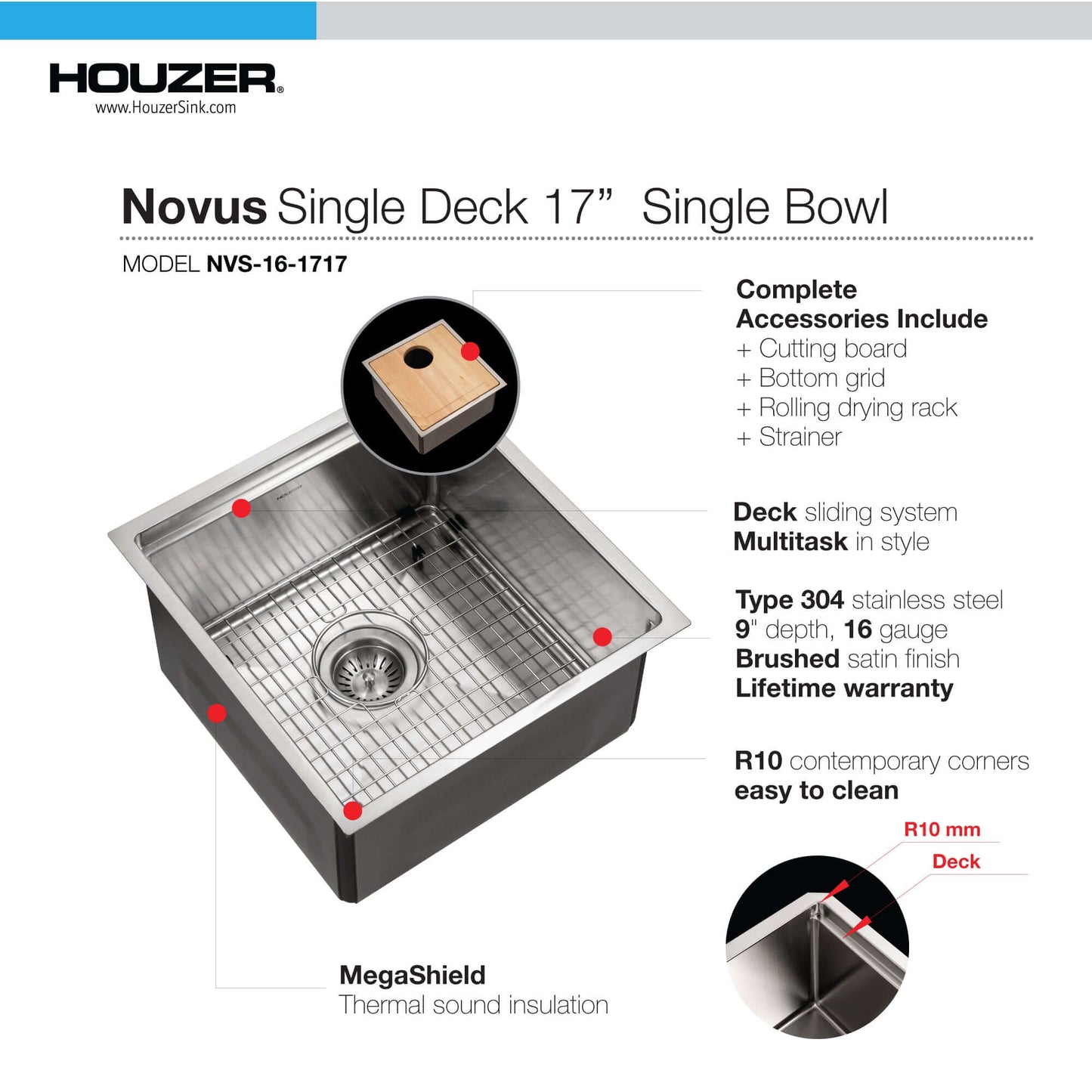 HOUZER NOVUS 17" Stainless Steel Undermount Single Bowl Workstation Kitchen Sink with Sliding Platform & Accessories - NVS-16-1717