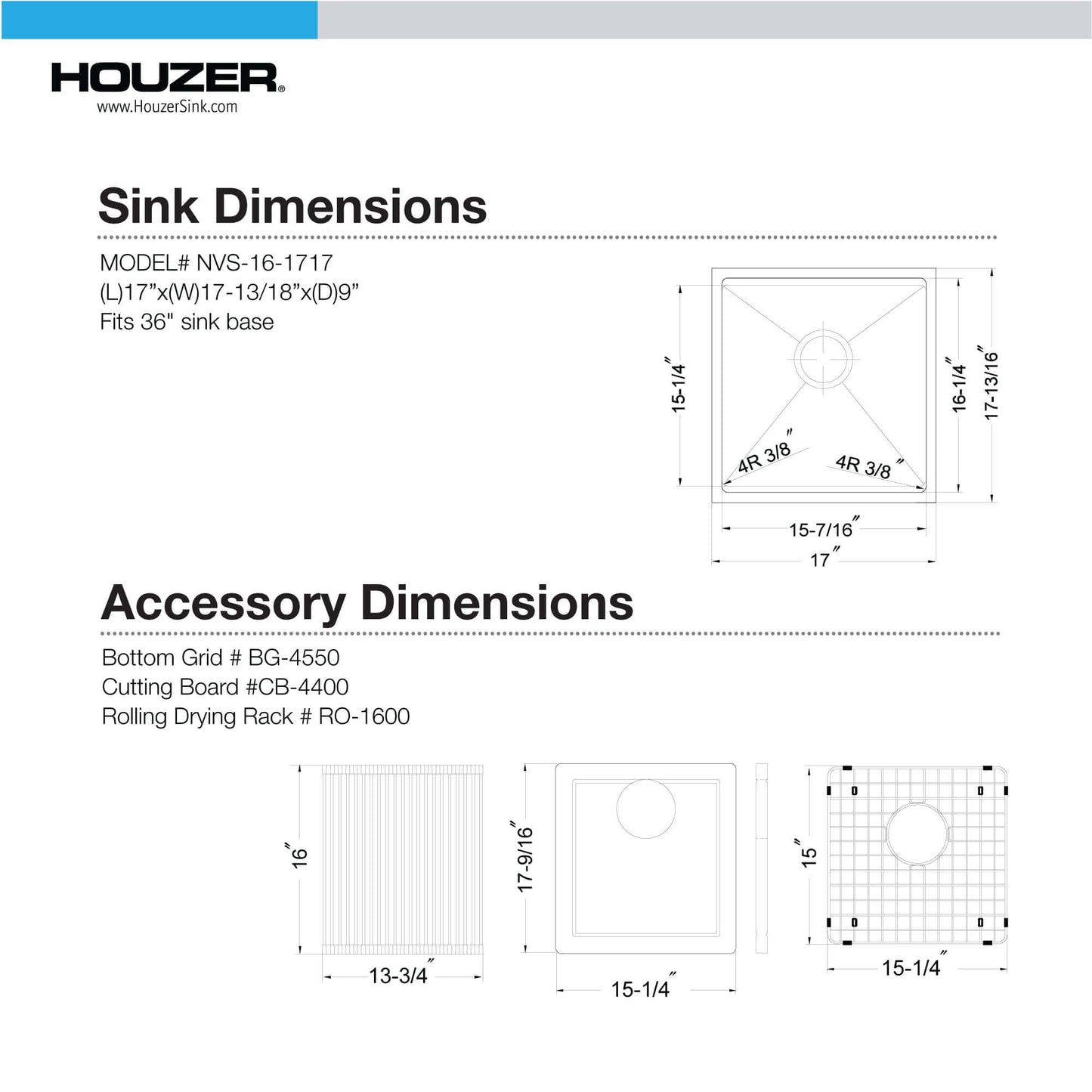 HOUZER NOVUS 17" Stainless Steel Undermount Single Bowl Workstation Kitchen Sink with Sliding Platform & Accessories - NVS-16-1717