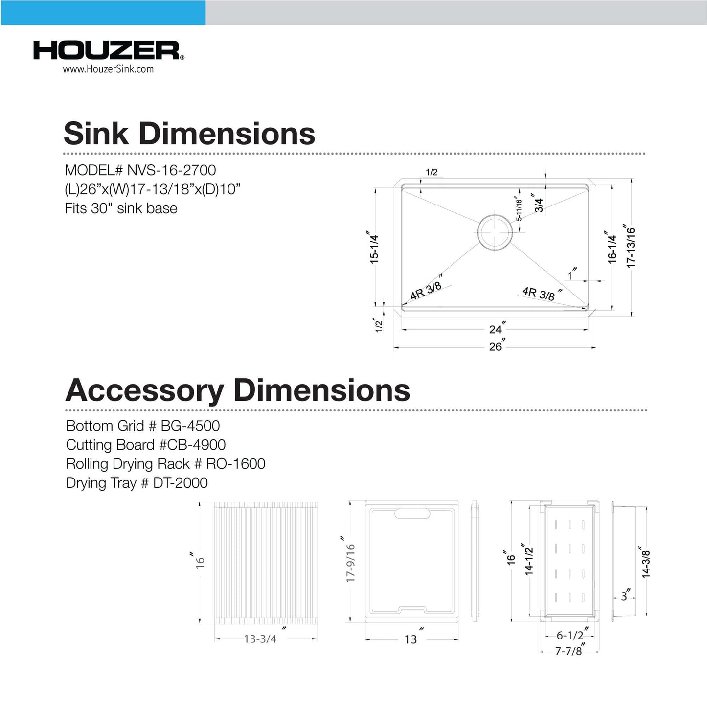 HOUZER NOVUS 26" Stainless Steel Undermount Single Bowl Workstation Kitchen Sink with Accessories - NVS-16-2700