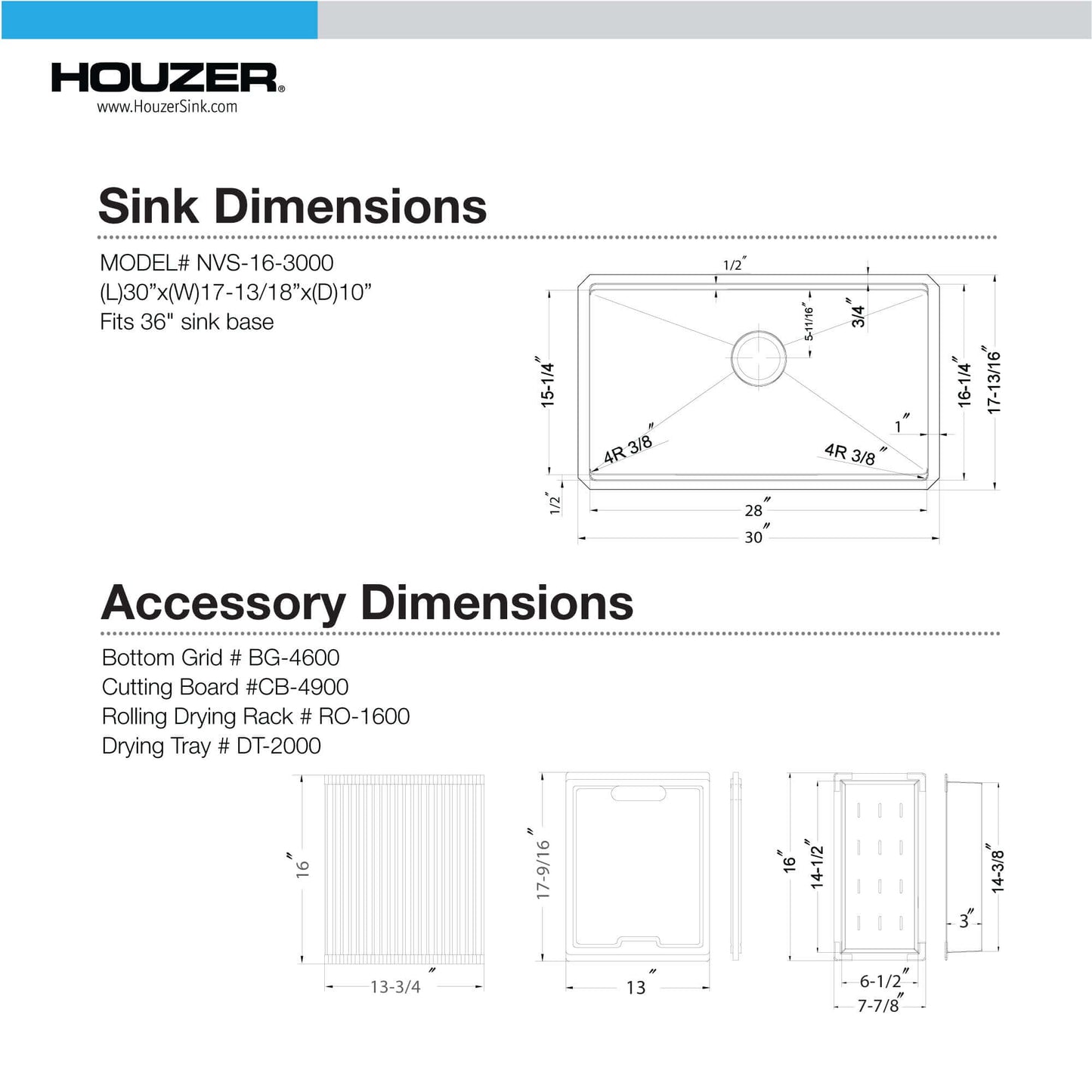 HOUZER NOVUS 30" Stainless Steel Undermount Single Bowl Workstation Kitchen Sink with Accessories - NVS-16-3000