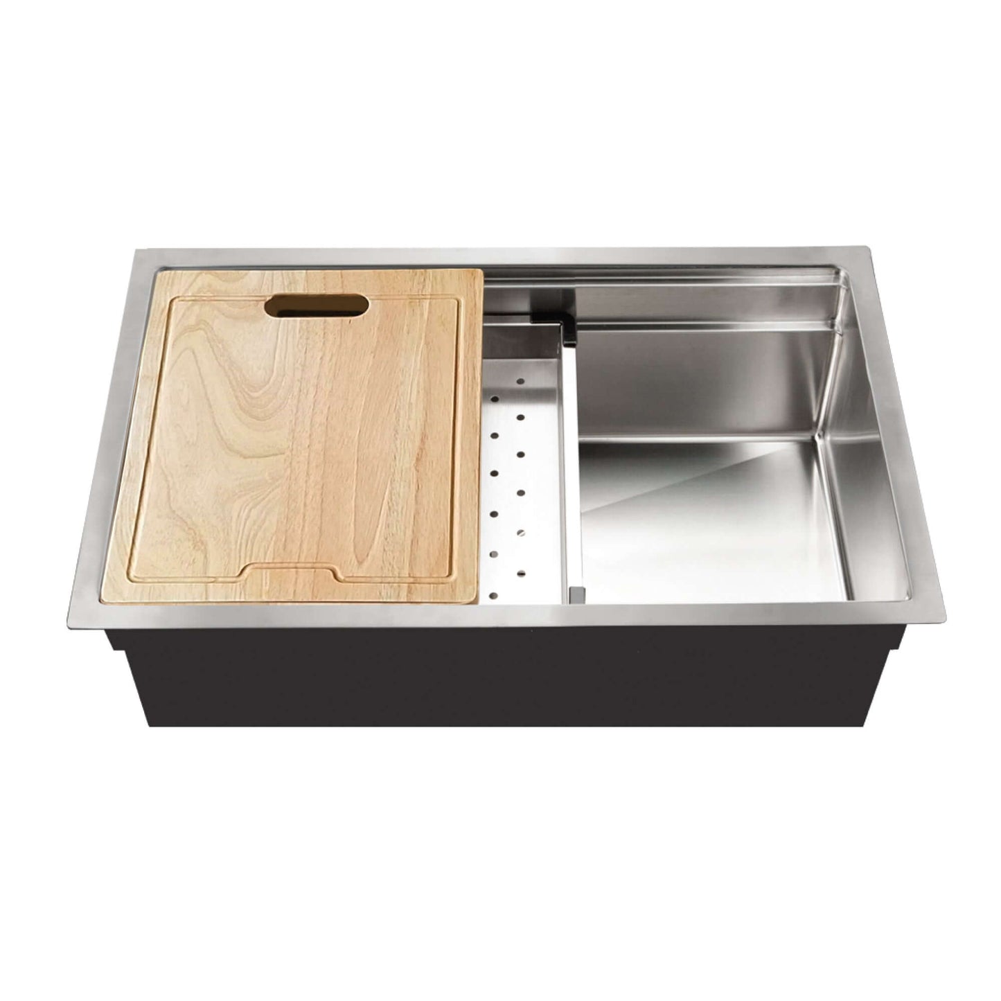 HOUZER NOVUS 26" Stainless Steel Undermount Kitchen Sink, NVS-2600 with wooden cutting board and sliding accessories