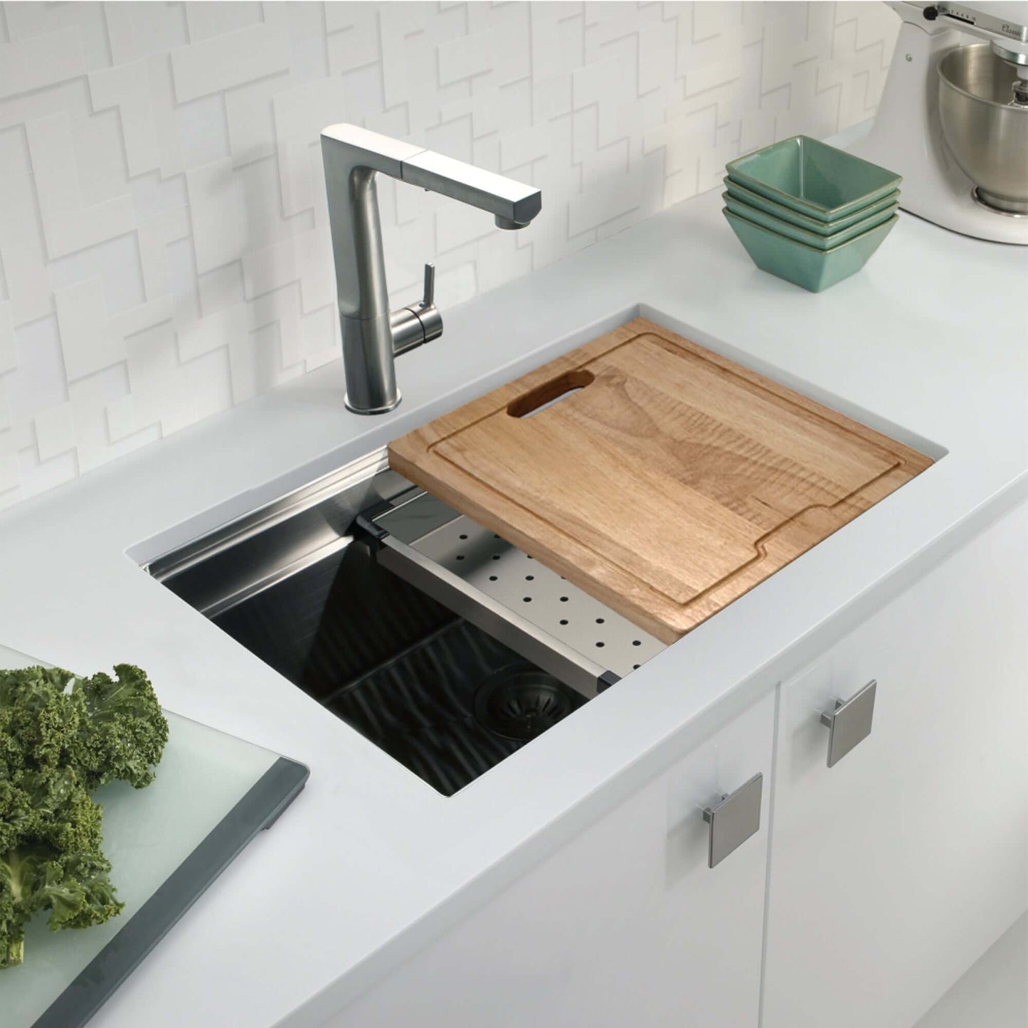 HOUZER NOVUS 26" Stainless Steel Undermount Kitchen Sink, NVS-2600 with cutting board and modern faucet in stylish kitchen.