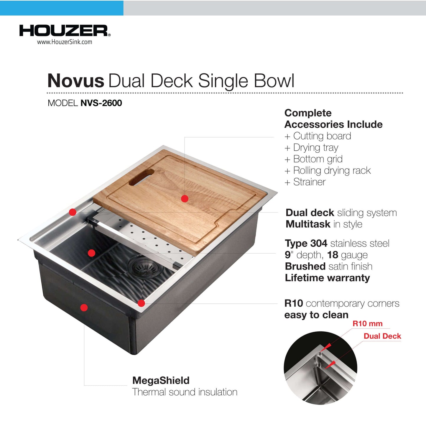 HOUZER NOVUS 26" Stainless Steel Undermount Kitchen Sink, NVS-2600 with dual deck sliding system and accessories.