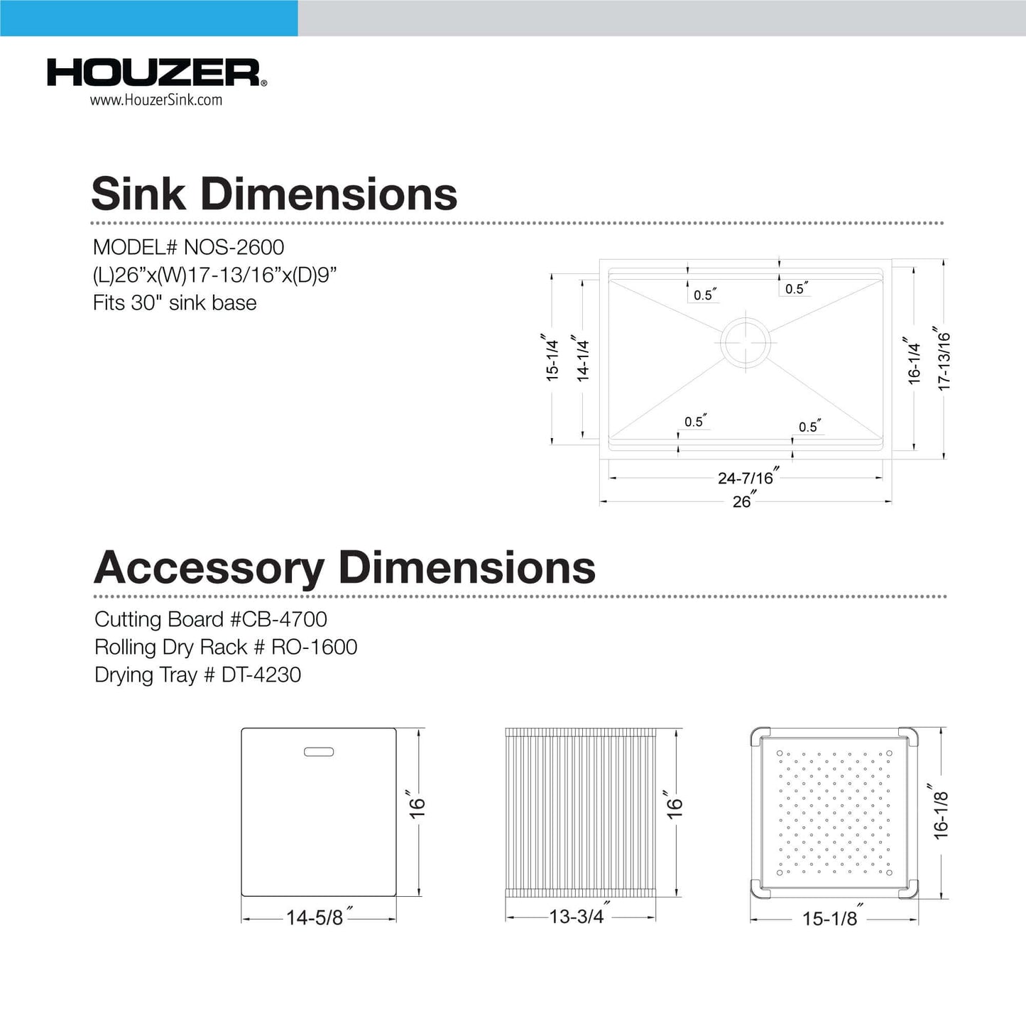 HOUZER NOVUS 26" Stainless Steel Undermount Kitchen Sink, NVS-2600 dimensions and accessory specifications.