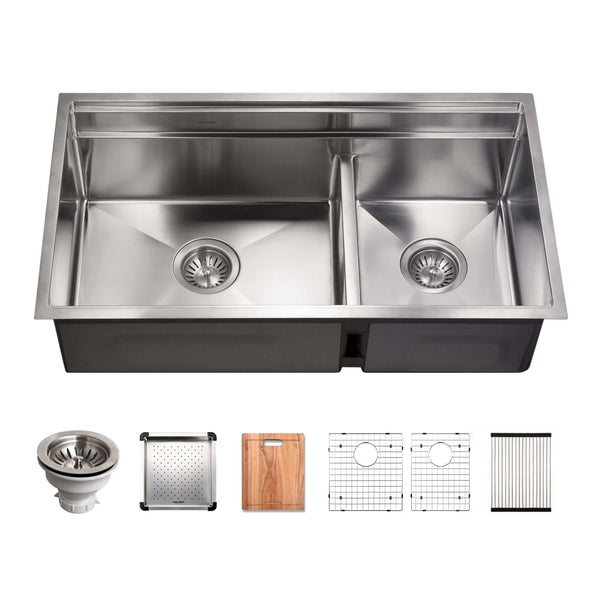 HOUZER NOVUS 32 Stainless Steel Undermount Dual Platform 60/40 Double Bowl Workstation Kitchen Sink with Accessories - NVS-3218D