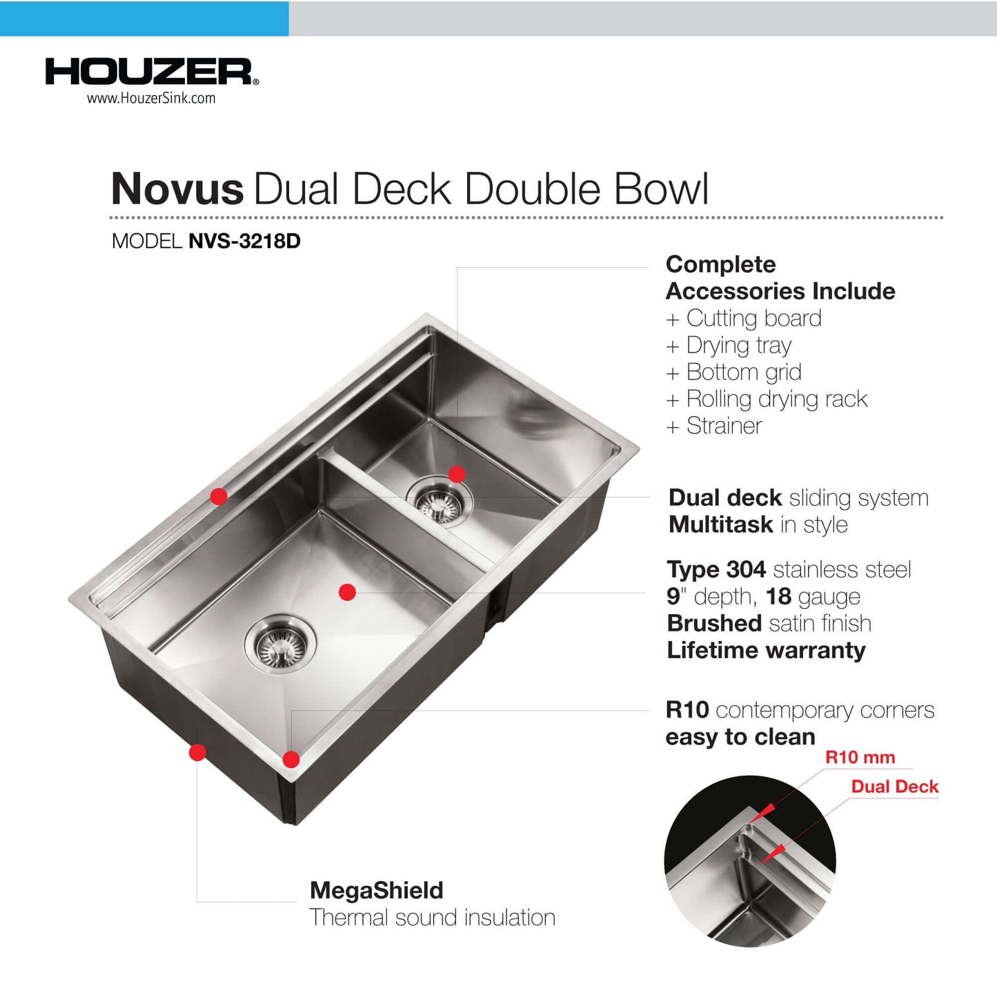 HOUZER NOVUS 32" Stainless Steel Undermount Dual Platform 60/40 Double Bowl Workstation Kitchen Sink with Accessories - NVS-3218D