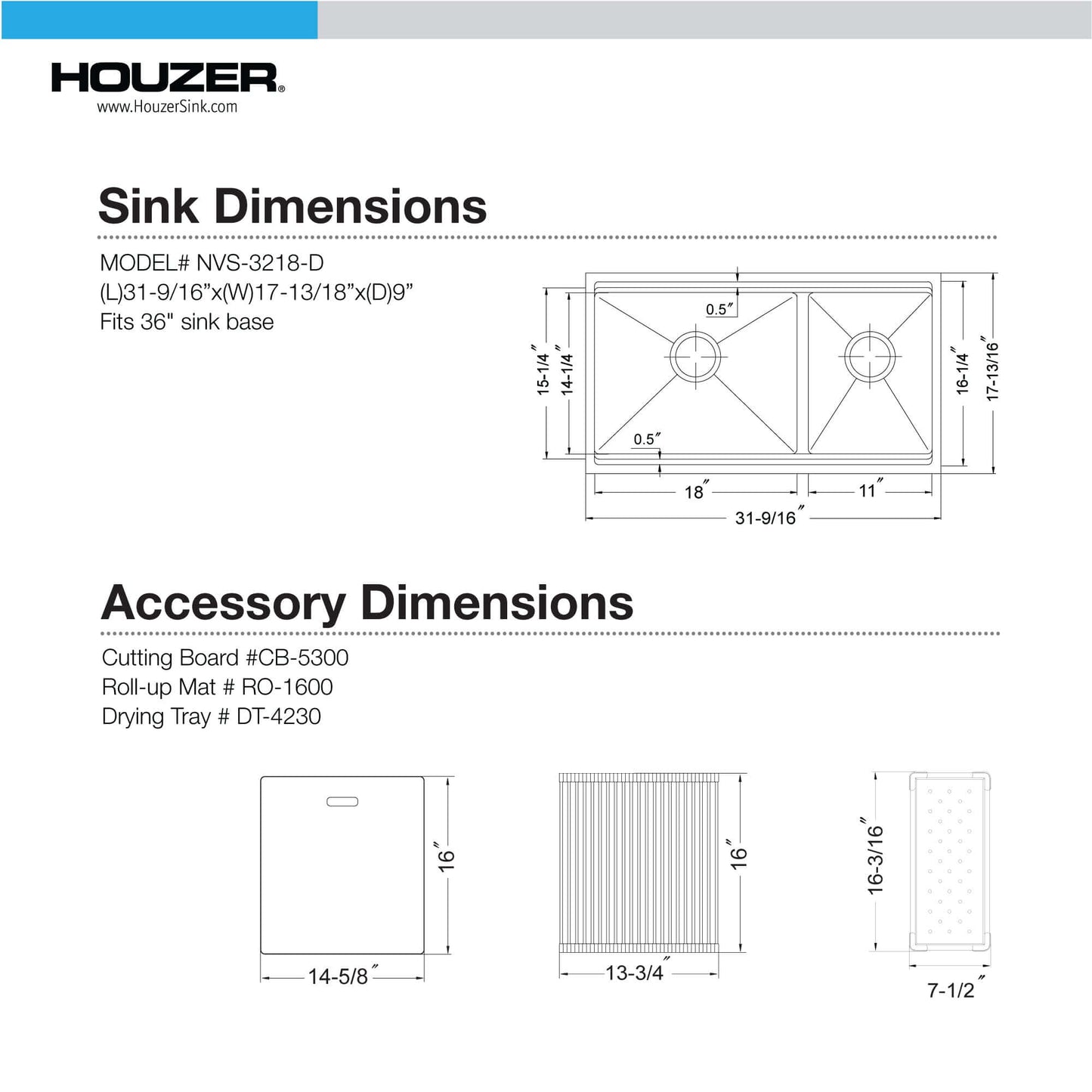 HOUZER NOVUS 32" Stainless Steel Undermount Dual Platform 60/40 Double Bowl Workstation Kitchen Sink with Accessories - NVS-3218D