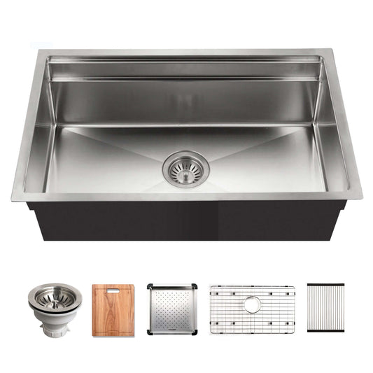 HOUZER NOVUS 32" Stainless Steel Undermount Dual Platform Workstation Kitchen Sink with Accessories - NVS-5200 and its accessory set.