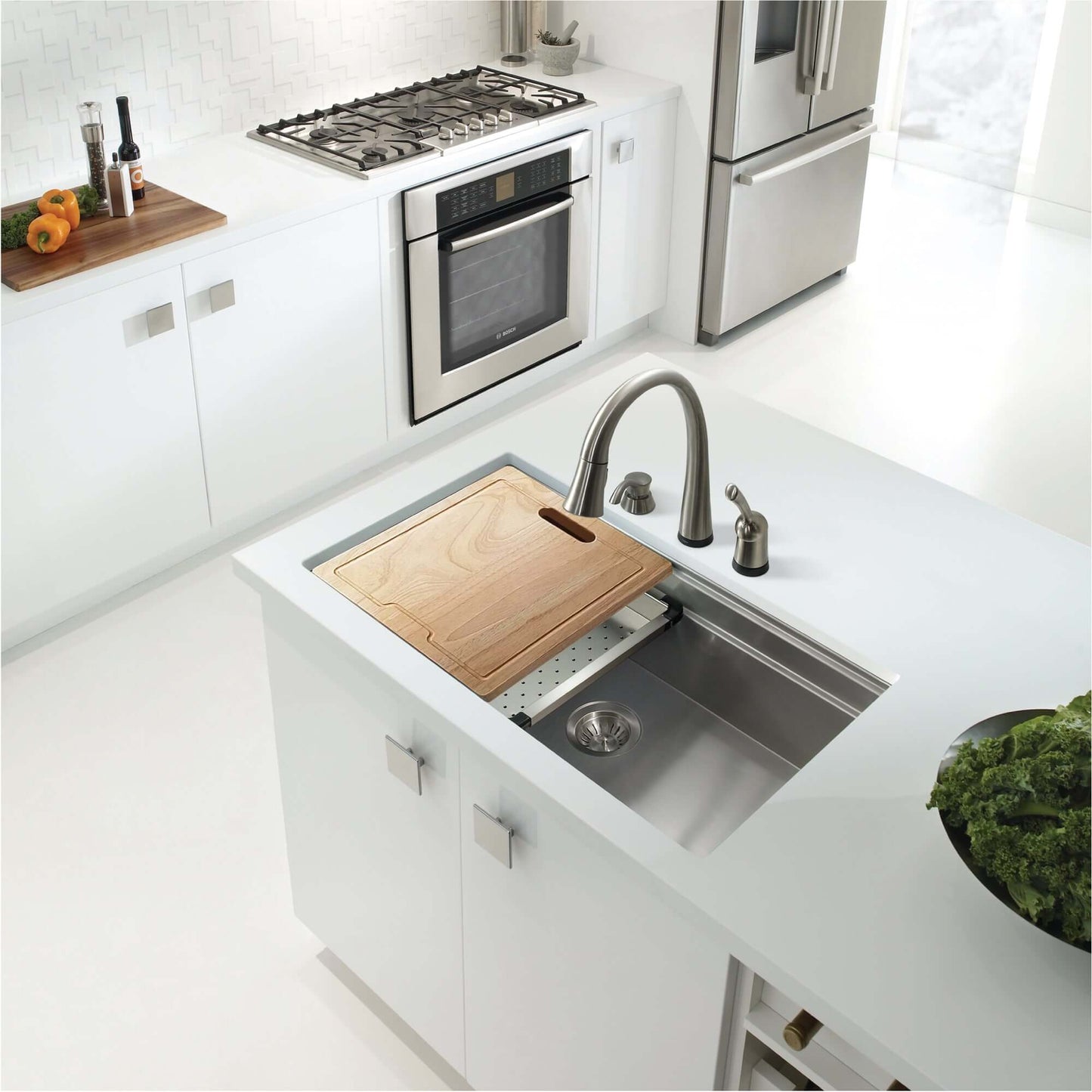 HOUZER NOVUS 32" Stainless Steel Undermount Dual Platform Workstation Kitchen Sink with Accessories - NVS-5200 showcased in modern kitchen.
