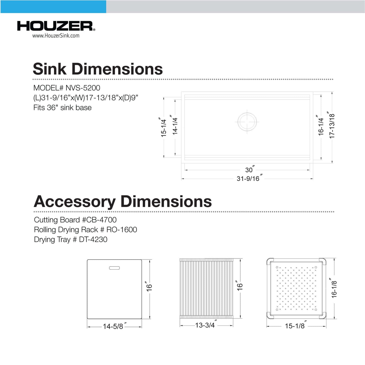 HOUZER NOVUS 32" Stainless Steel Undermount Dual Platform Workstation Kitchen Sink with Accessories - NVS-5200 dimensions diagram