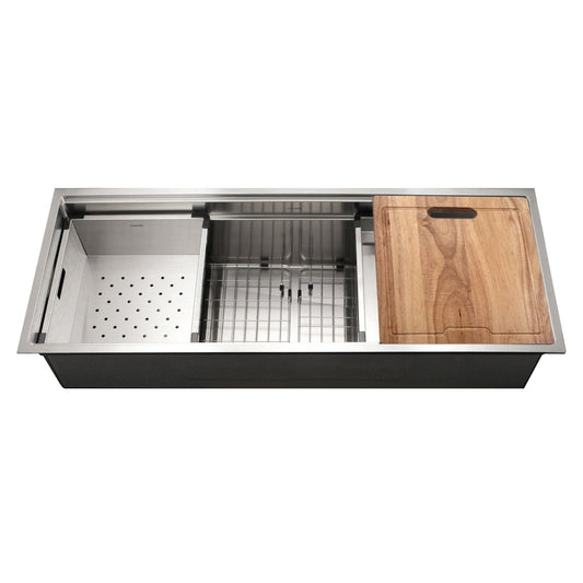 HOUZER NOVUS 45" Stainless Steel Undermount Dual Platform Workstation Single Bowl Kitchen Sink with Accessories - NVS-6500 view from above with wooden cutting board
