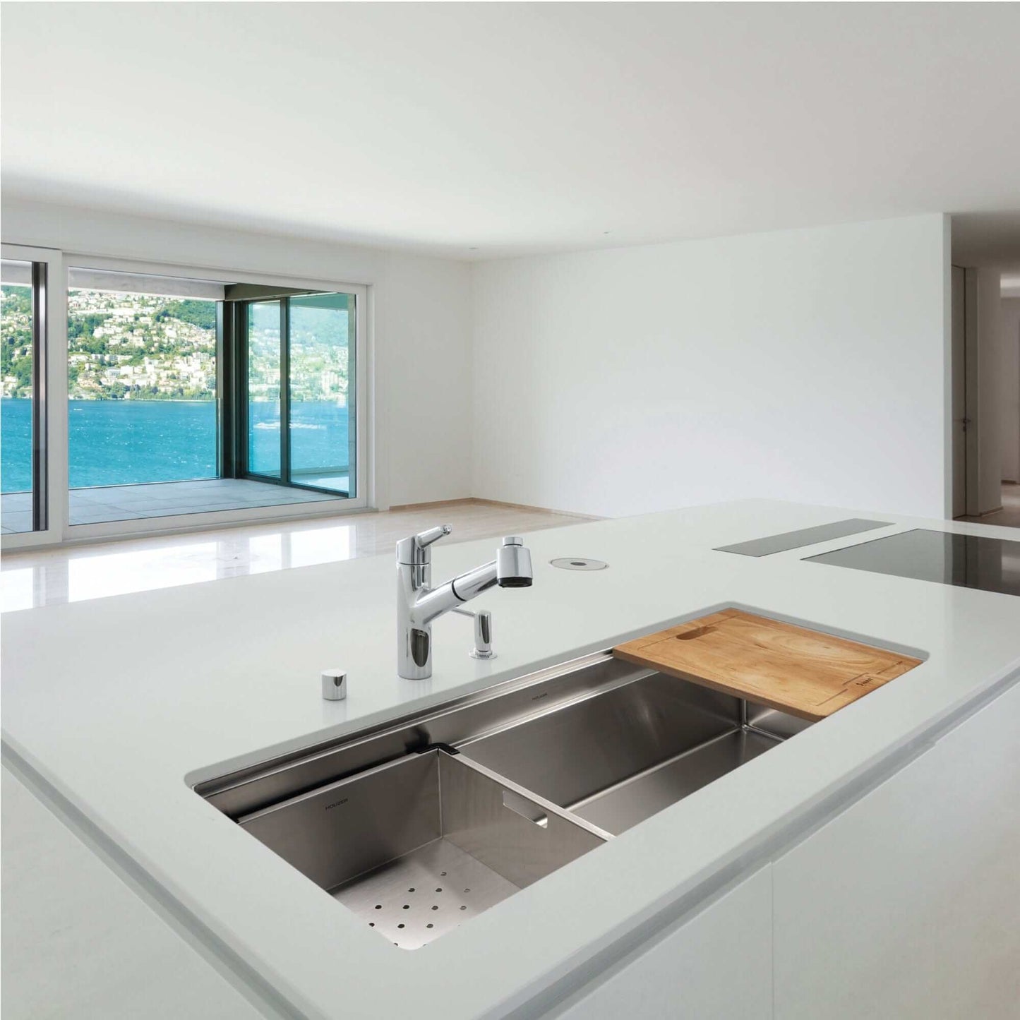 HOUZER NOVUS 45" Stainless Steel Undermount Dual Platform Workstation Single Bowl Kitchen Sink with Accessories - NVS-6500 right side view in modern kitchen