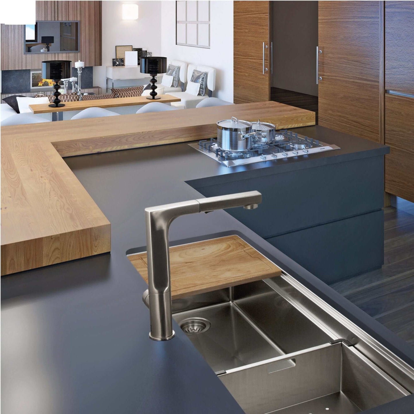 HOUZER NOVUS 45" Stainless Steel Undermount Dual Platform Workstation Single Bowl Kitchen Sink with Accessories - NVS-6500 right side view in modern kitchen
