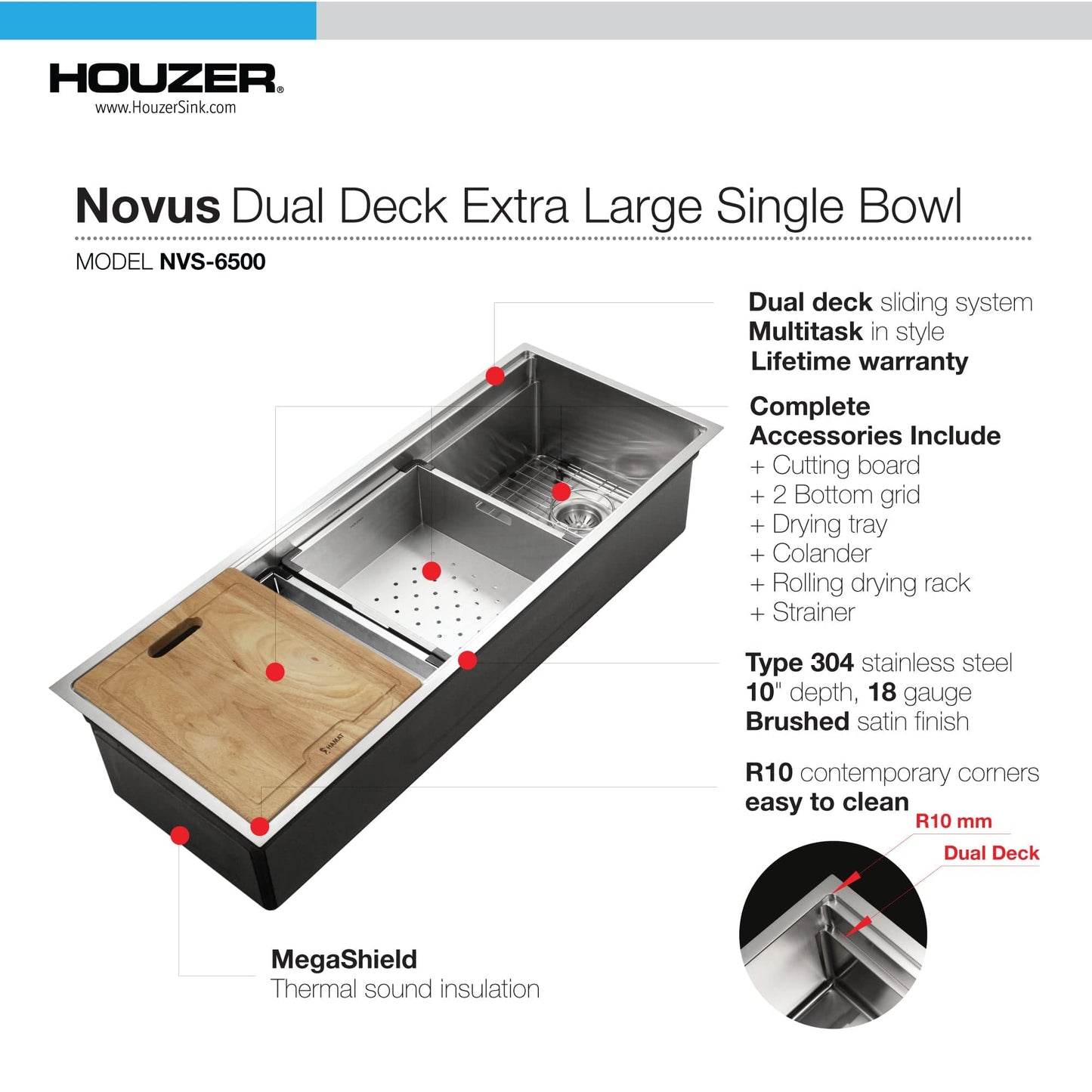 HOUZER NOVUS 45" Stainless Steel Undermount Dual Platform Workstation Single Bowl Kitchen Sink with Accessories - NVS-6500 left side view with brushed satin finish.