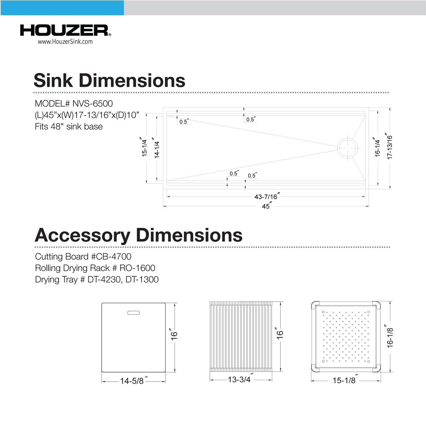 HOUZER NOVUS 45" Stainless Steel Undermount Dual Platform Workstation Single Bowl Kitchen Sink with Accessories - NVS-6500 dimensions and specs diagram.