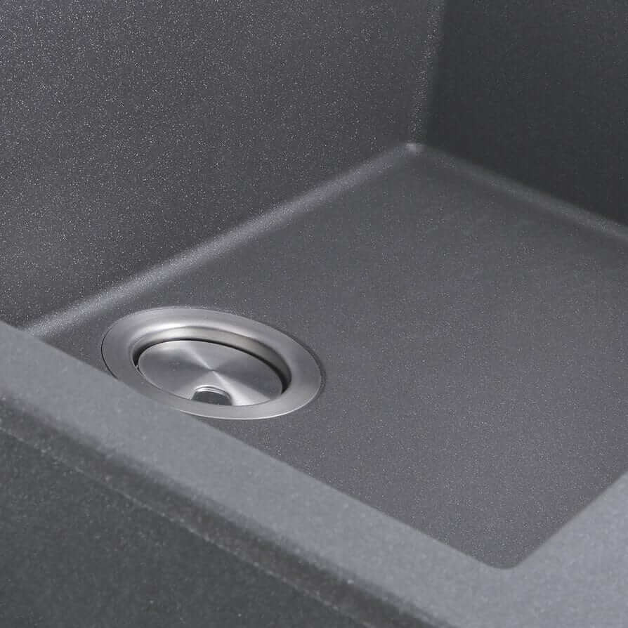 Close up of Titanium Gray granite finish and drain for Nantucket 27" single bowl sink
