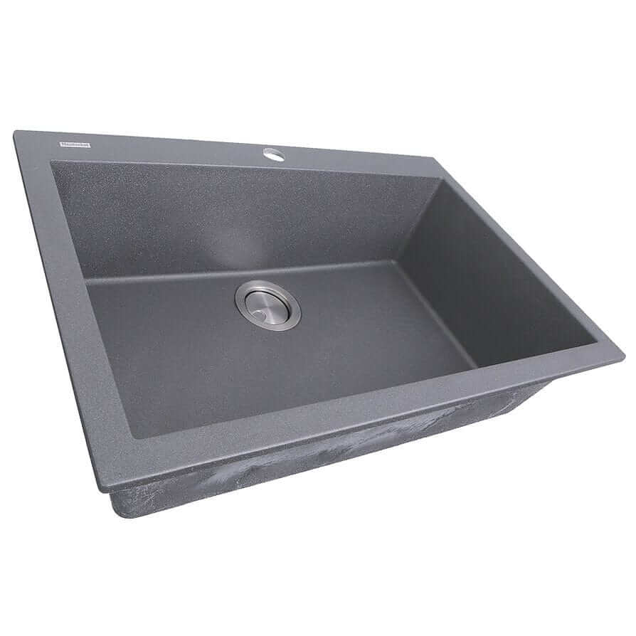 Side angle view of Nantucket 27" Single Bowl Dualmount Granite Composite Kitchen Sink in Titanium