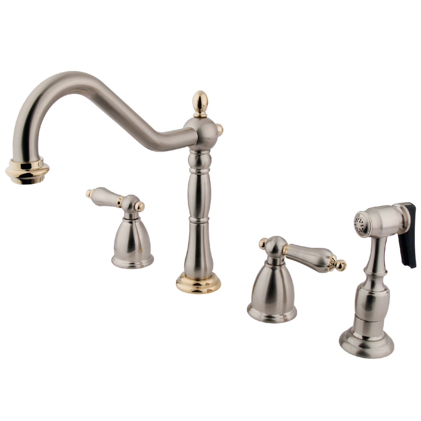 KINGSTON Brass Widespread Kitchen Faucet with Brass Sprayer - KB1790ALBS in brushed nickel and polished brass finish, showcasing elegant design.