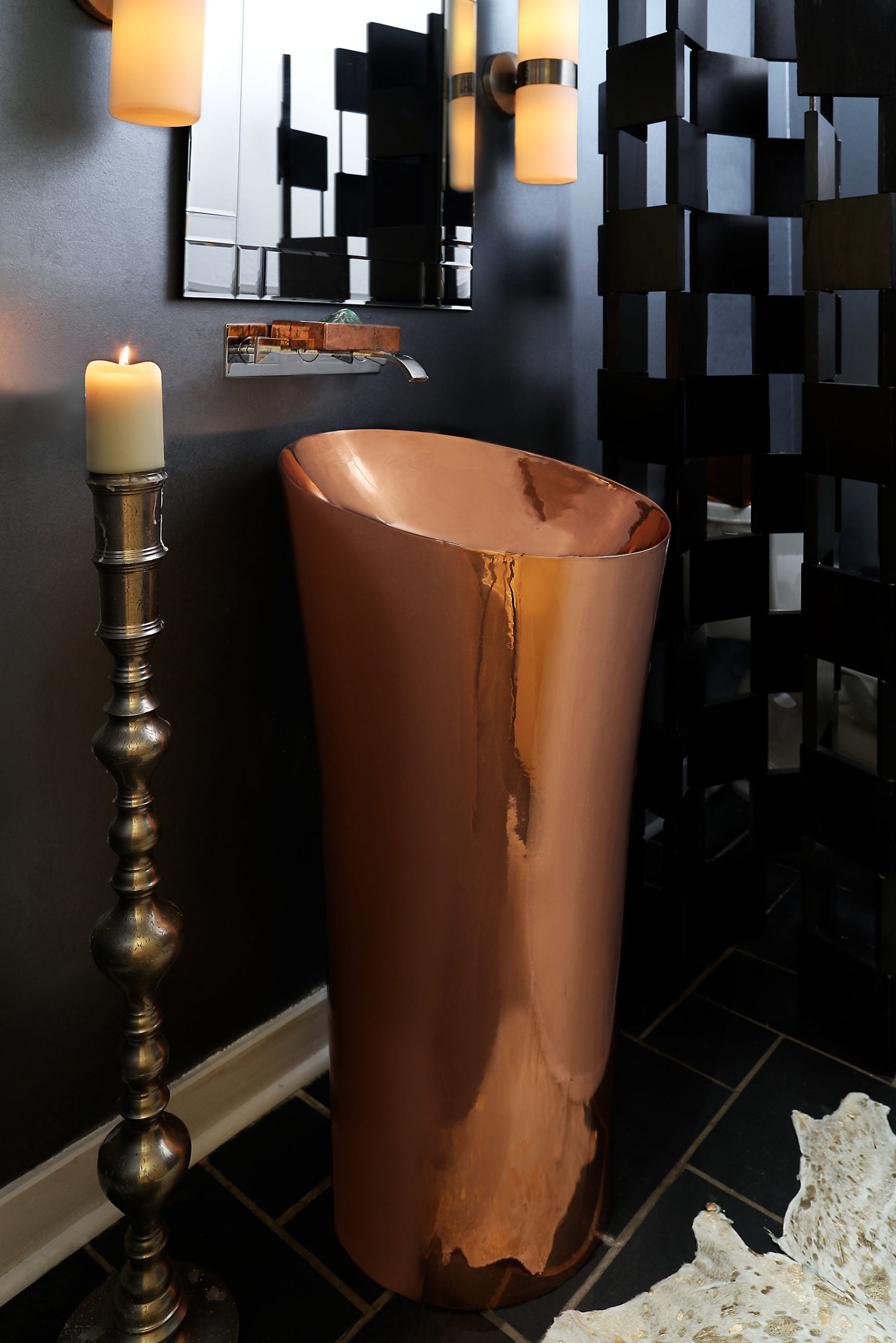 Thompson Tuxpan 1915 rose gold copper pedestal sink in a bathroom