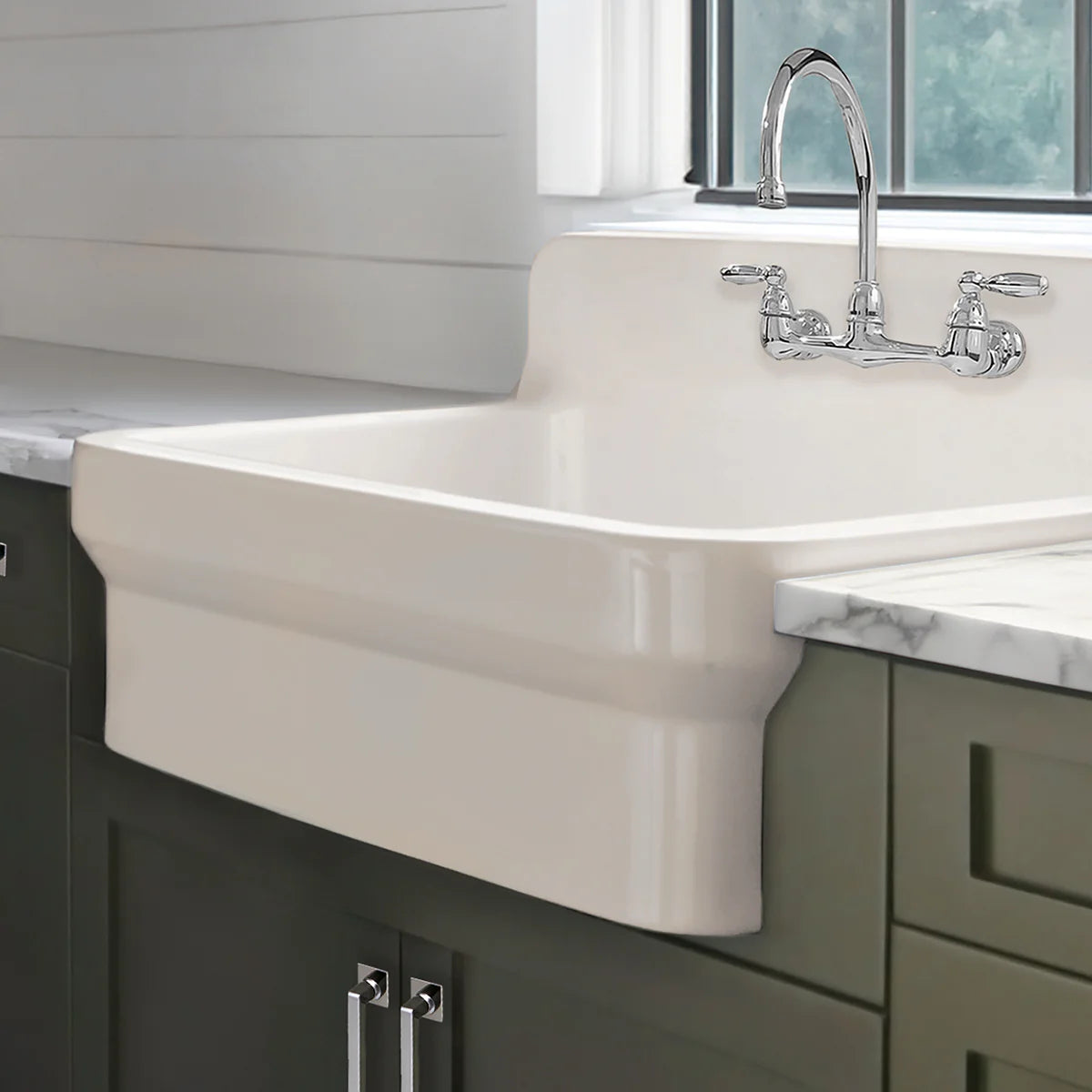 WHITEHAUS 30" Old Fashioned Country Fireclay Utility Sink with High Backsplash OFCH2230 displayed in kitchen.