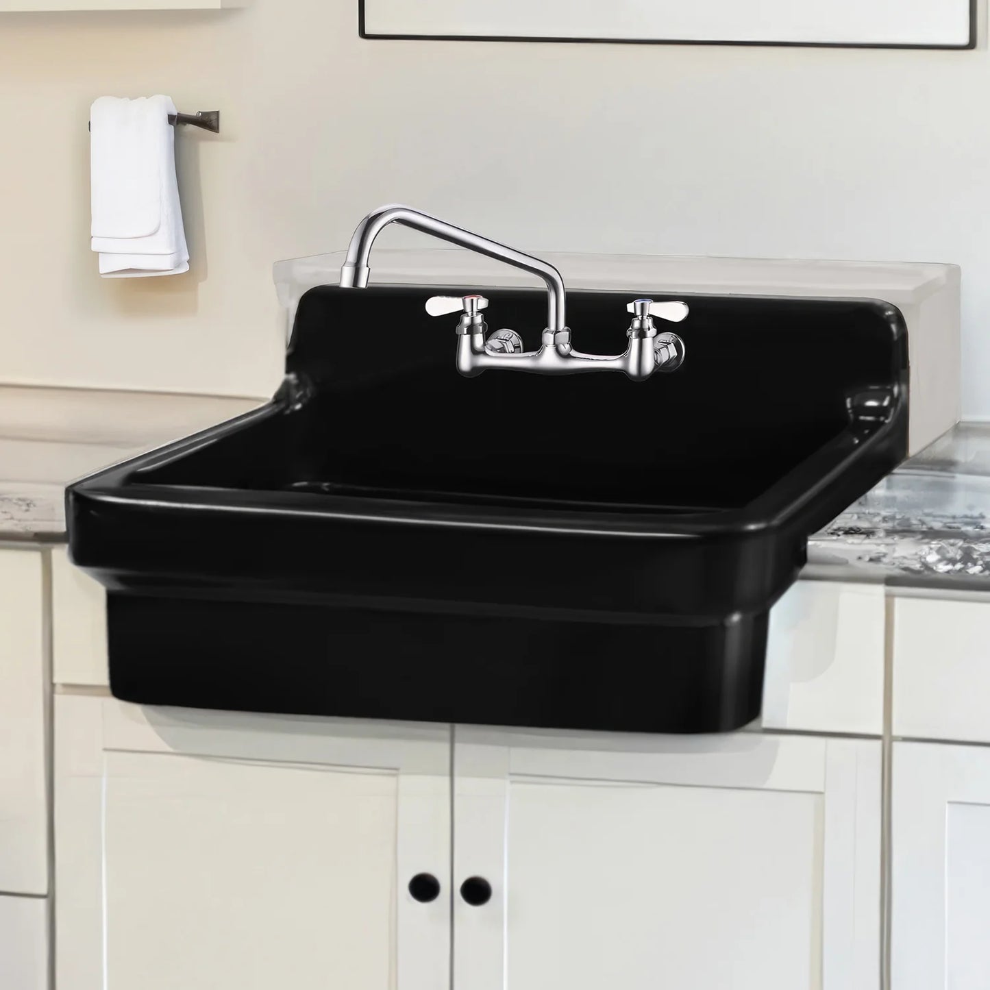 WHITEHAUS 30" Old Fashioned Country Fireclay Utility Sink with High Backsplash OFCH2230 in a stylish black finish.