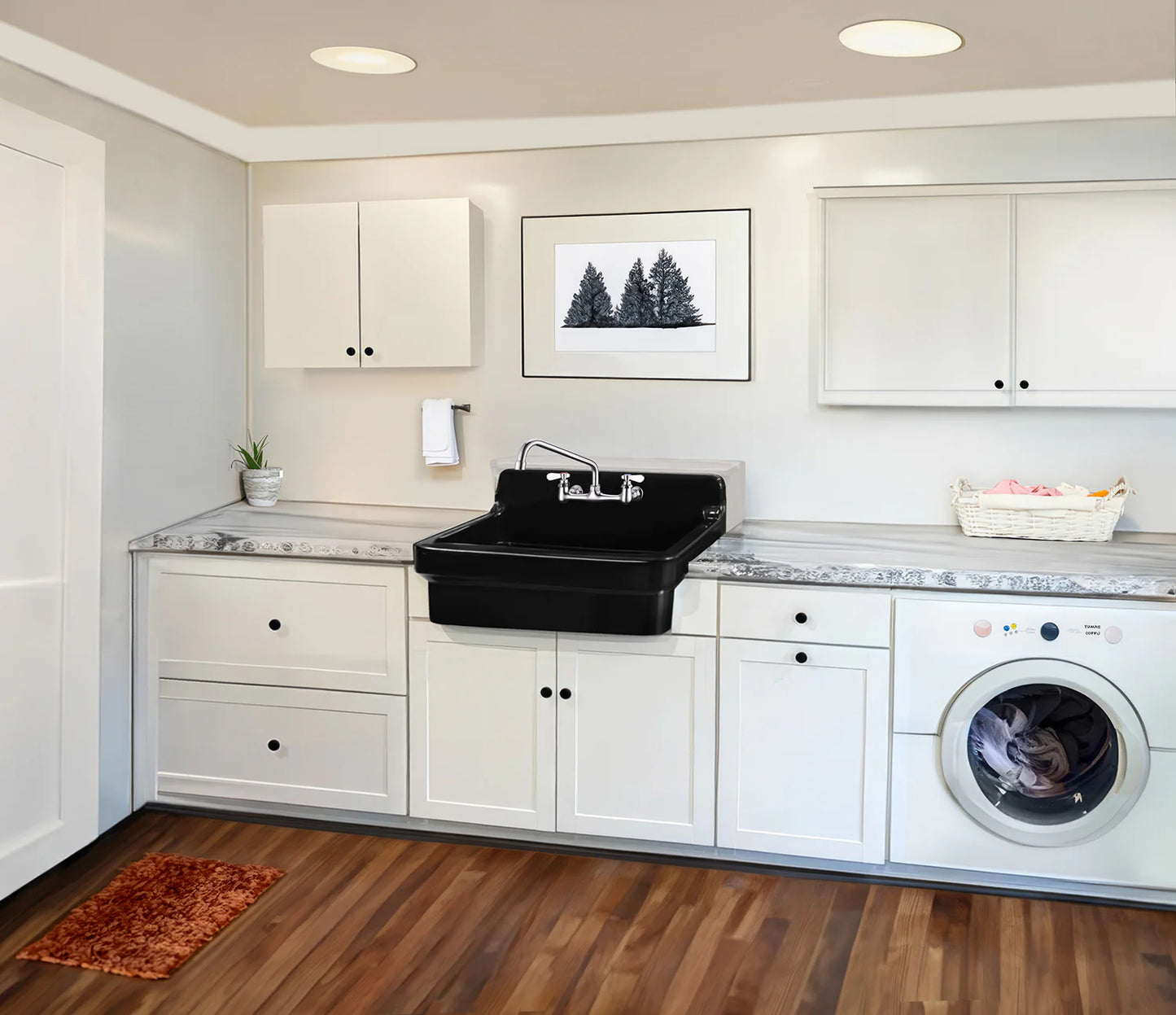 WHITEHAUS 30" Old Fashioned Country Fireclay Utility Sink with High Backsplash OFCH2230 in modern laundry room setting.
