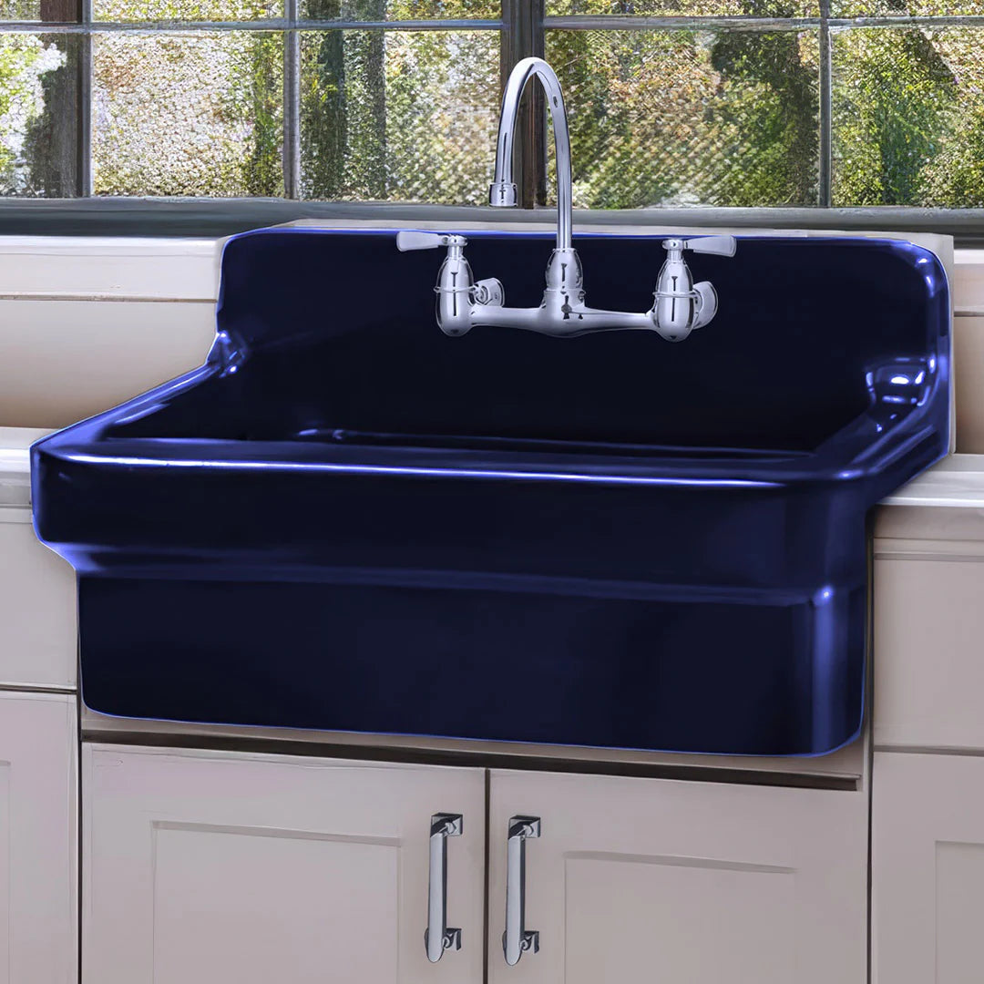WHITEHAUS 30" Old Fashioned Country Fireclay Utility Sink with High Backsplash OFCH2230 displayed in a modern kitchen.