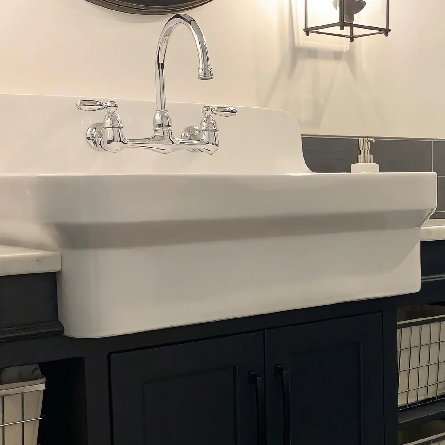 WHITEHAUS 30" Old Fashioned Country Fireclay Utility Sink with High Backsplash OFCH2230 in elegant kitchen setting.