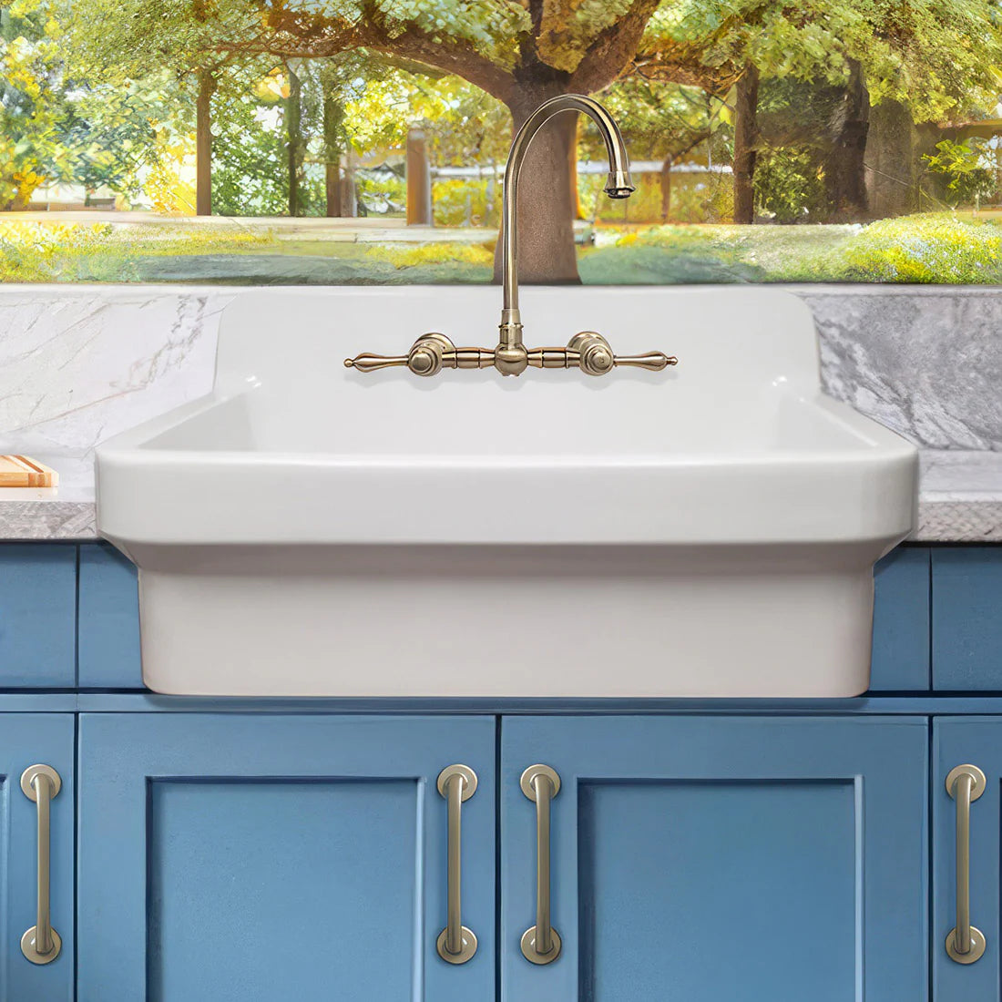 WHITEHAUS 30" Old Fashioned Country Fireclay Utility Sink with High Backsplash OFCH2230 installed in a classy kitchen.