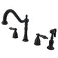 Kingston Brass "Oil Rubbed Bronze" widespread kitchen faucet  set with multiple handles on a white background