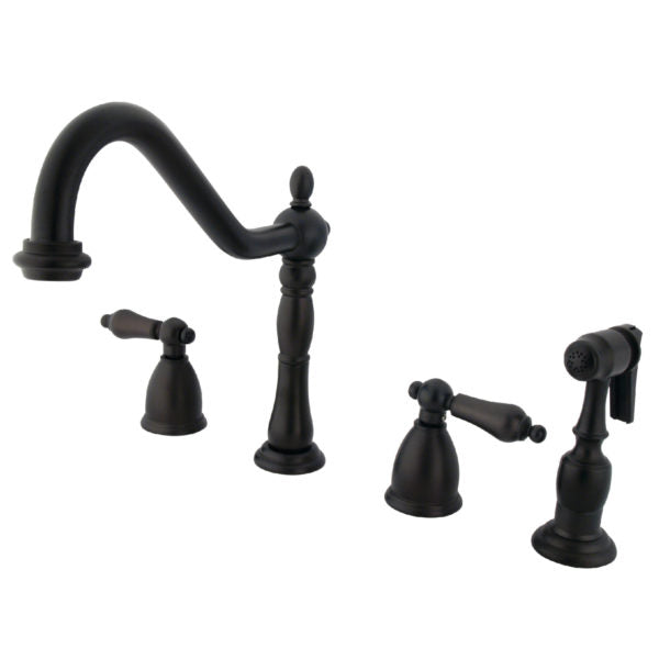 Kingston Brass "Oil Rubbed Bronze" widespread kitchen faucet  set with multiple handles on a white background