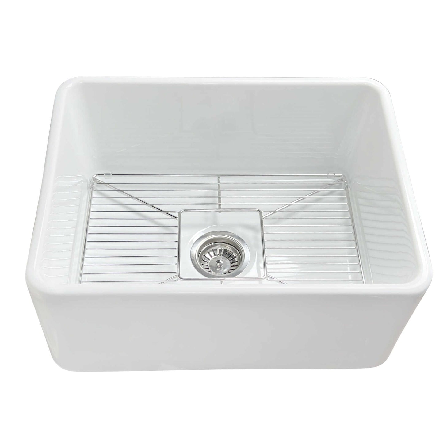 Nantucket Sinks 23.25" Fireclay Farmhouse Kitchen Sink - P-FCS23 top view with grid and drain, showcasing farmhouse design.
