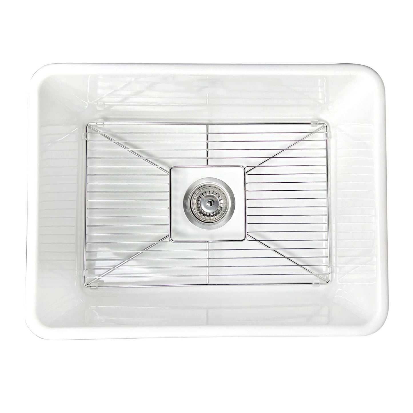 Nantucket Sinks 23.25" Fireclay Farmhouse Kitchen Sink - P-FCS23 top view showing the sink and wire rack.