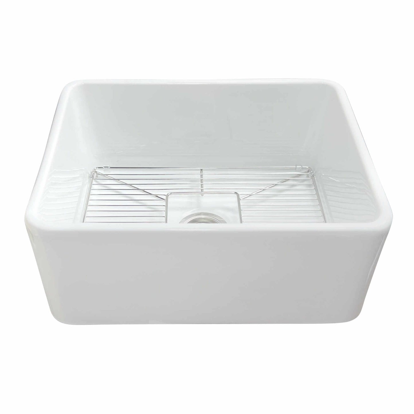 Nantucket Sinks 23.25" Fireclay Farmhouse Kitchen Sink - P-FCS23 with stainless steel grid interior.