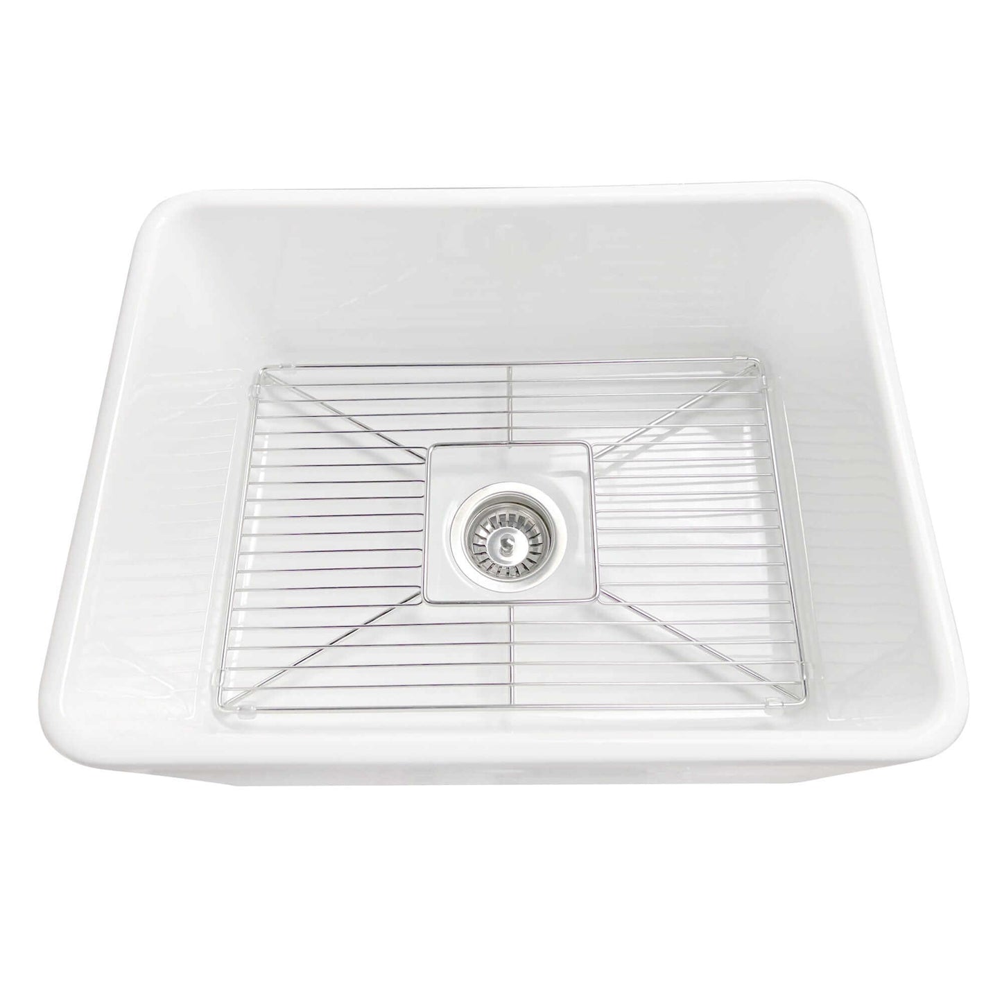 Nantucket Sinks 23.25" Fireclay Farmhouse Kitchen Sink - P-FCS23 with stainless steel grid and drain.