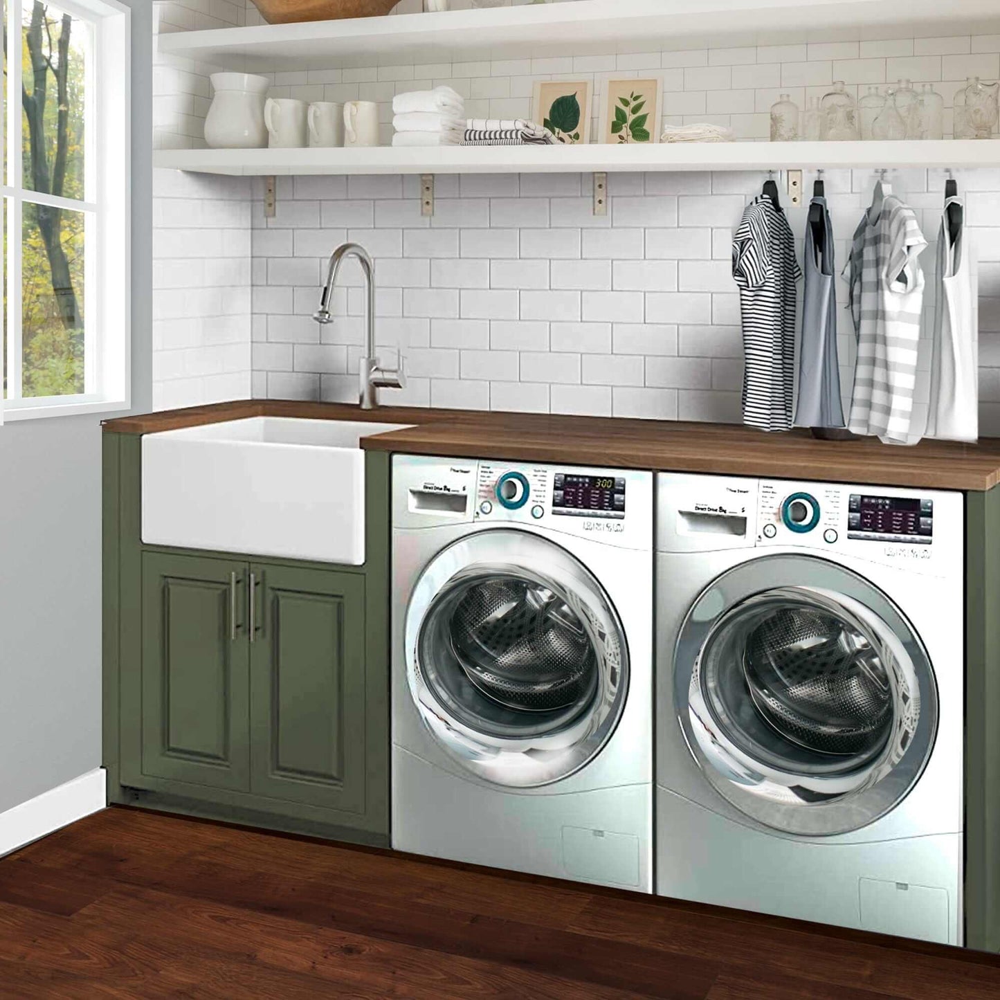 Nantucket Sinks 23.25" Fireclay Farmhouse Kitchen Sink - P-FCS23 showcased in a modern laundry room with washer and dryer.
