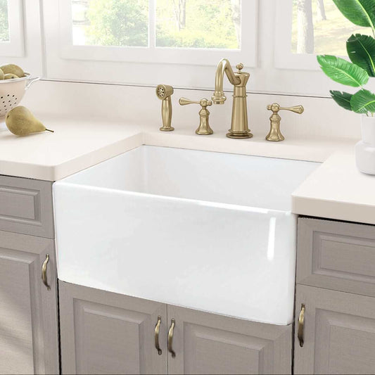 Nantucket Sinks 23.25" Fireclay Farmhouse Kitchen Sink - P-FCS23 in a stylish kitchen setting.