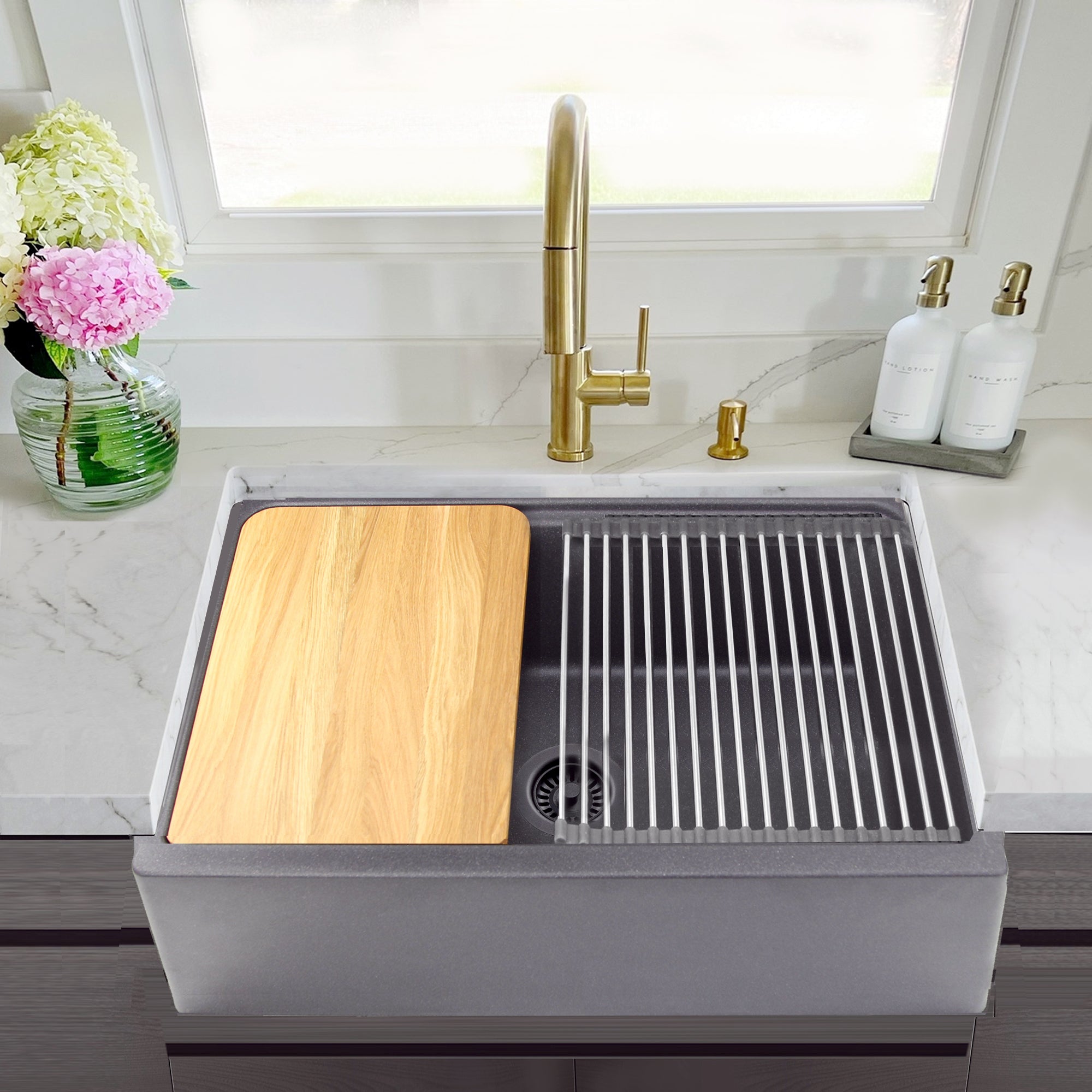 Nantucket PR3020-APS-TI 30-inch titanium granite composite farmhouse workstation sink, installed
