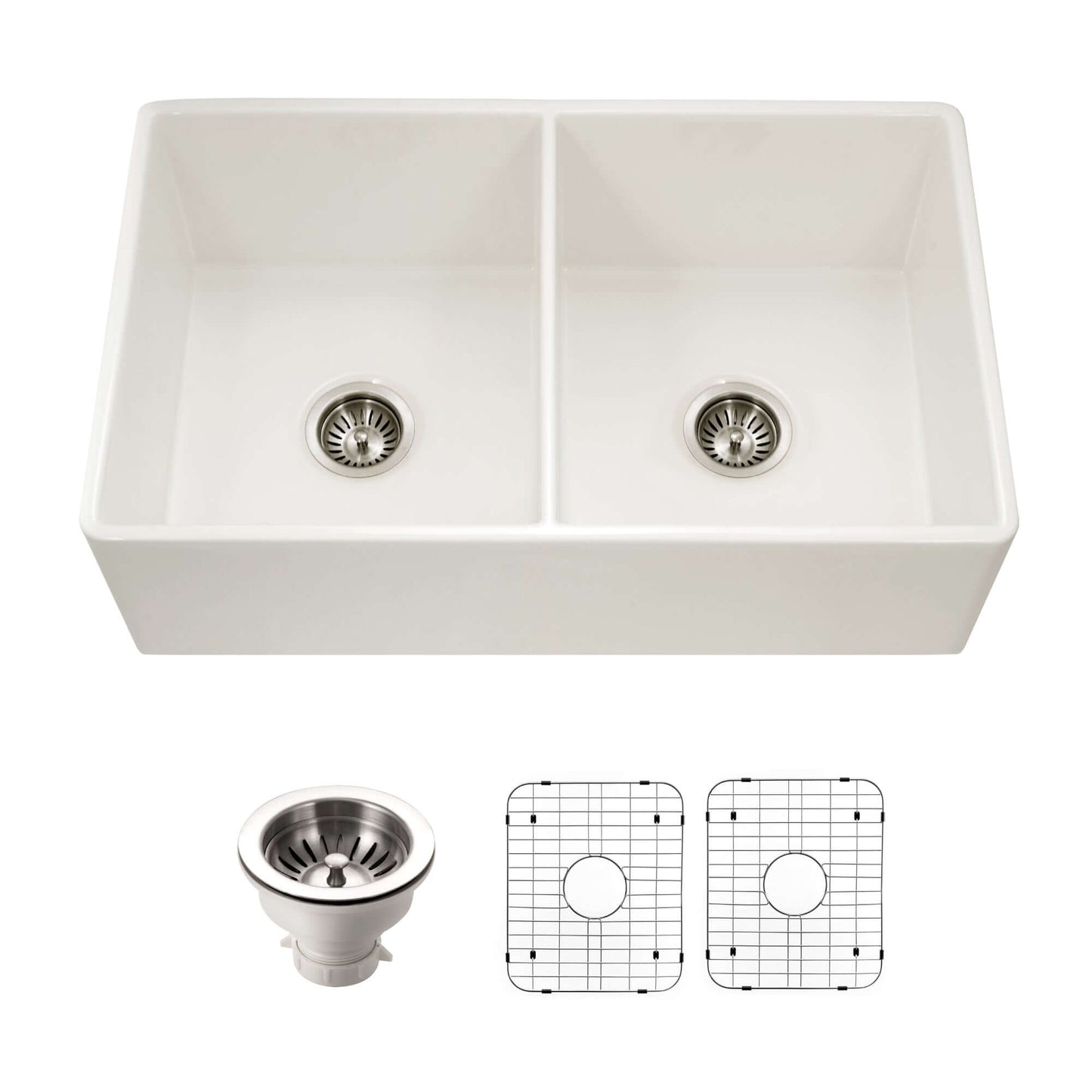 HOUZER PLATUS 33" Fireclay Apron Front Farmhouse 50/50 Double Bowl Kitchen Sink with Basket Strainer and Basin Grid