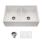 HOUZER PLATUS 33" Fireclay Apron Front Farmhouse 50/50 Double Bowl Kitchen Sink with Basket Strainer and Basin Grid