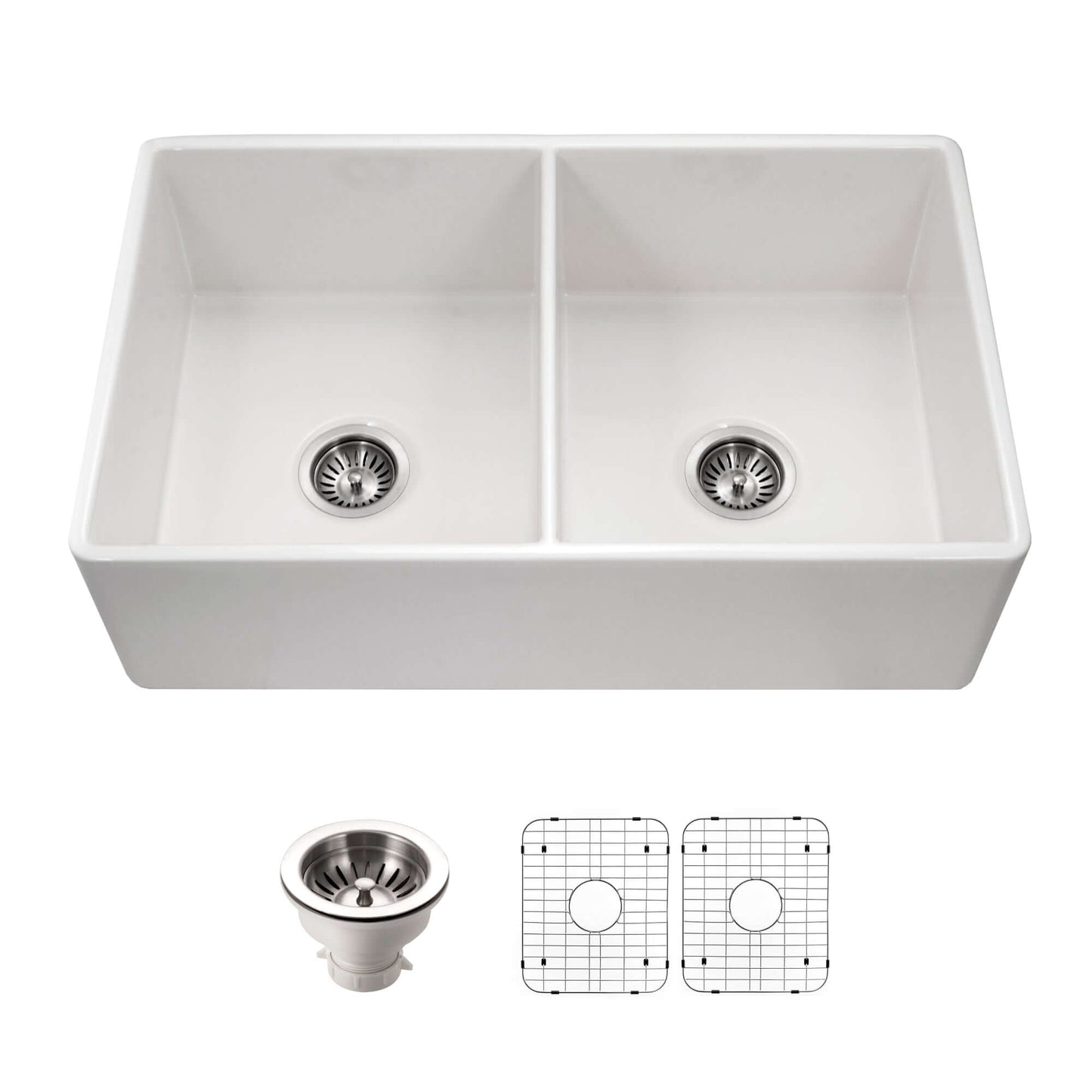 HOUZER PLATUS 33" Fireclay Apron Front Farmhouse 50/50 Double Bowl Kitchen Sink with Basket Strainer and Basin Grid, white finish.