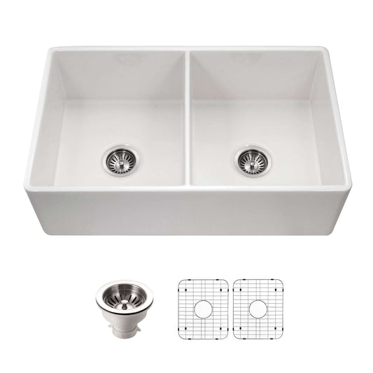HOUZER PLATUS 33" Fireclay Apron Front Farmhouse 50/50 Double Bowl Kitchen Sink with Basket Strainer and Basin Grid, white finish.