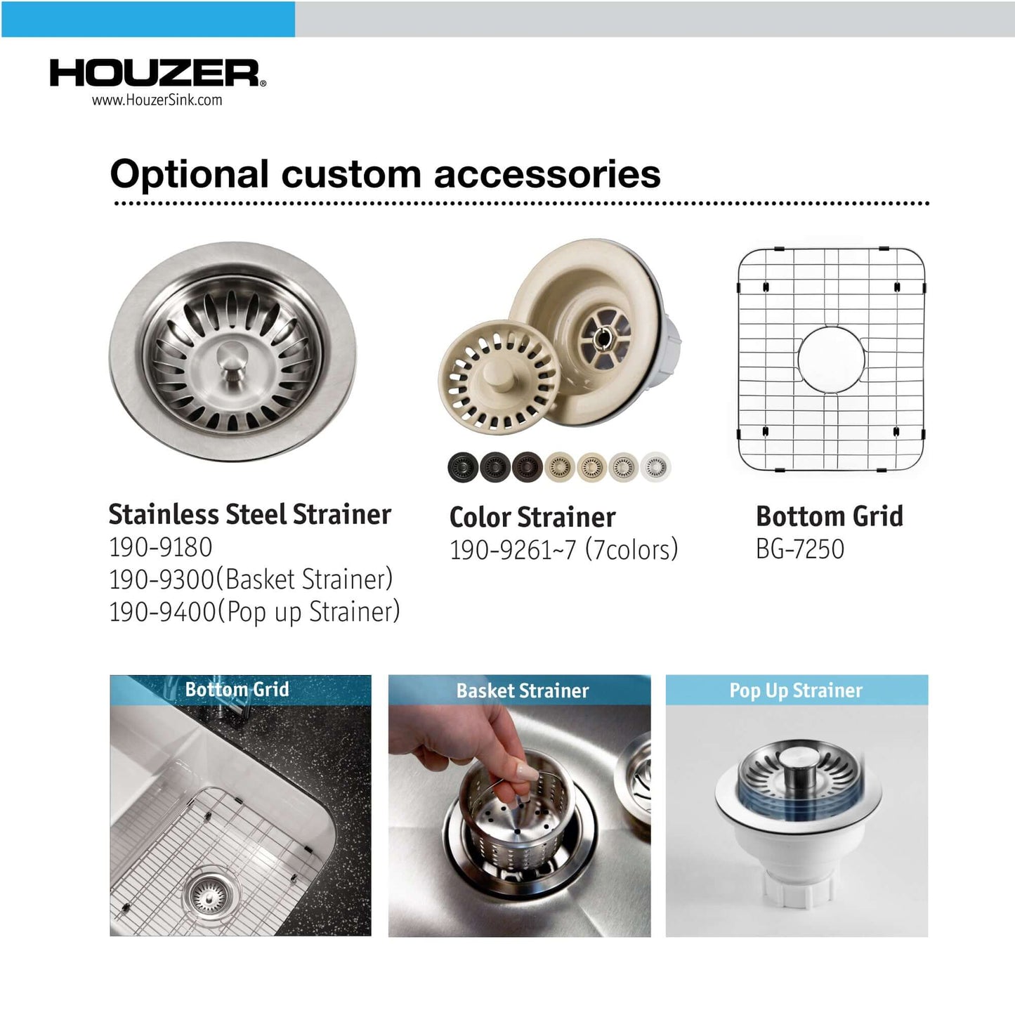 Optional custom accessories for HOUZER PLATUS 33" Fireclay Apron Front Farmhouse 50/50 Double Bowl Kitchen Sink including strainers.